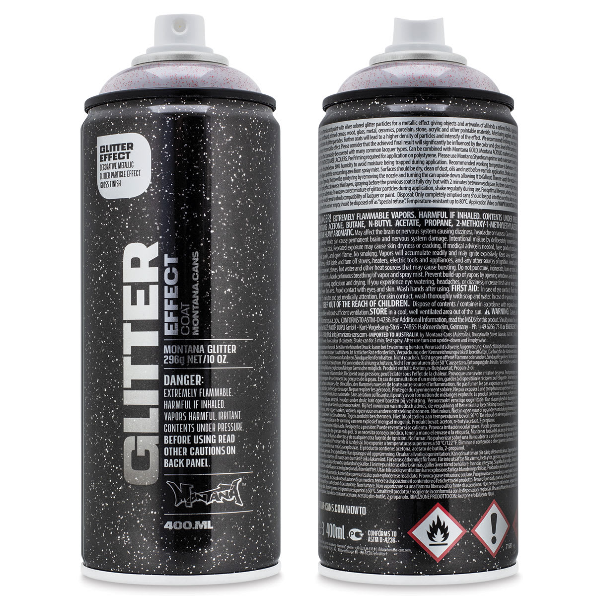 Montana Glitter Effect Spray Paint - Glitter X-mas Red, 11 oz (Front and back of spray can)