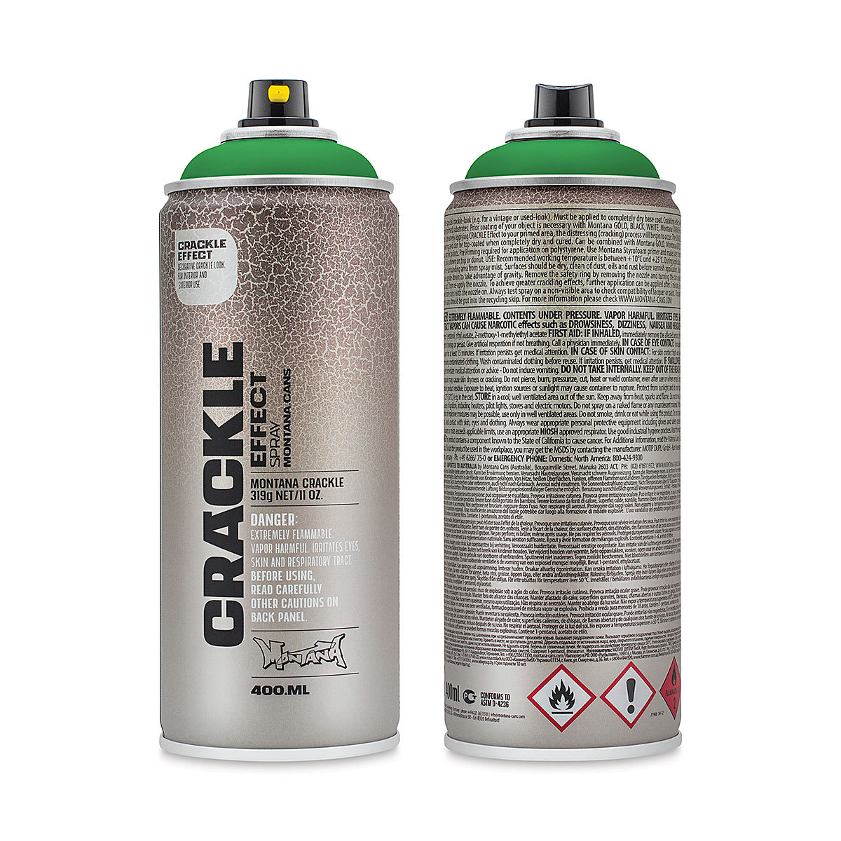 Montana Crackle Effect Spray - Patina Green, 11 oz (Front and back of spray can)
