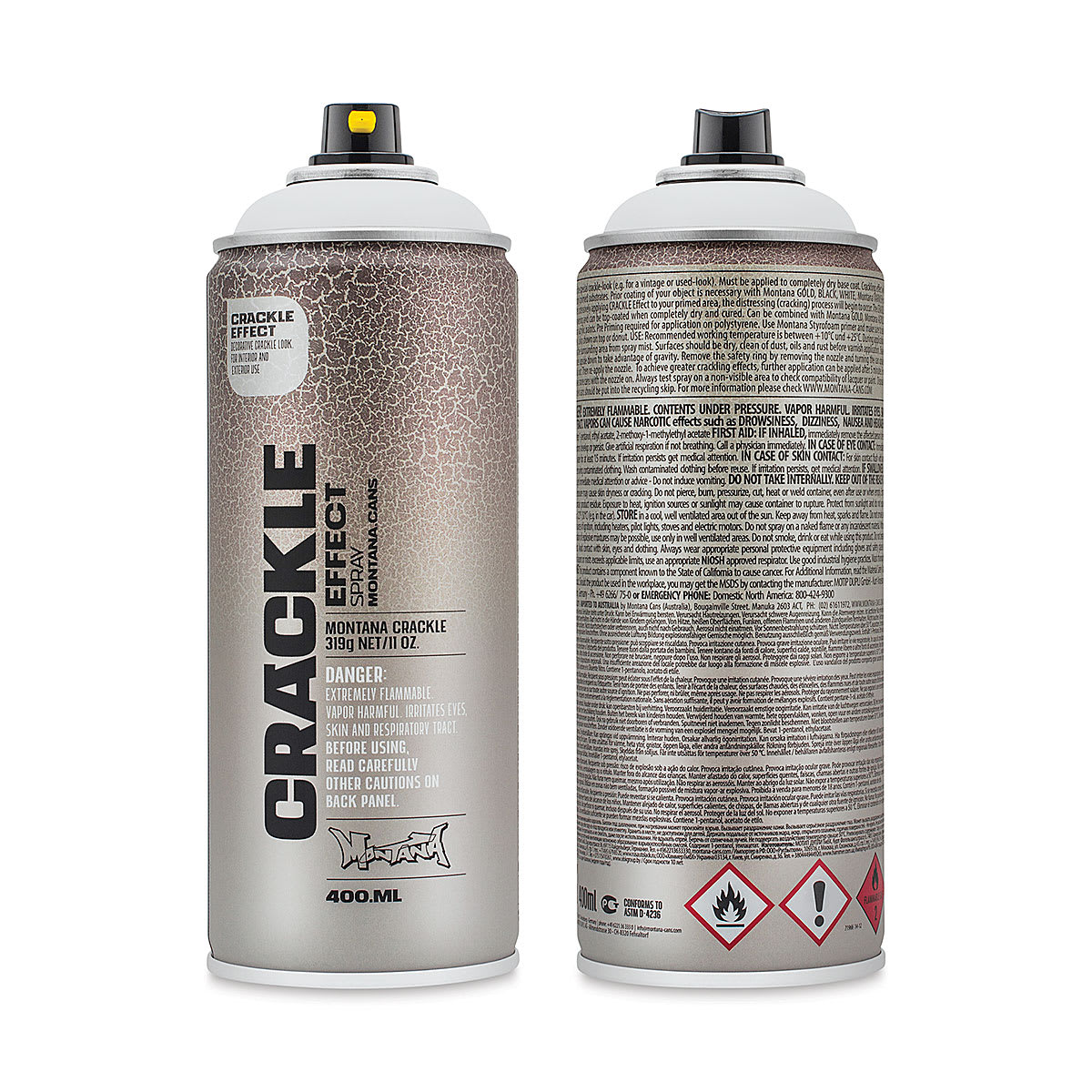 Montana Crackle Effect Spray - Pure White, 11 oz (Front and back of spray can)