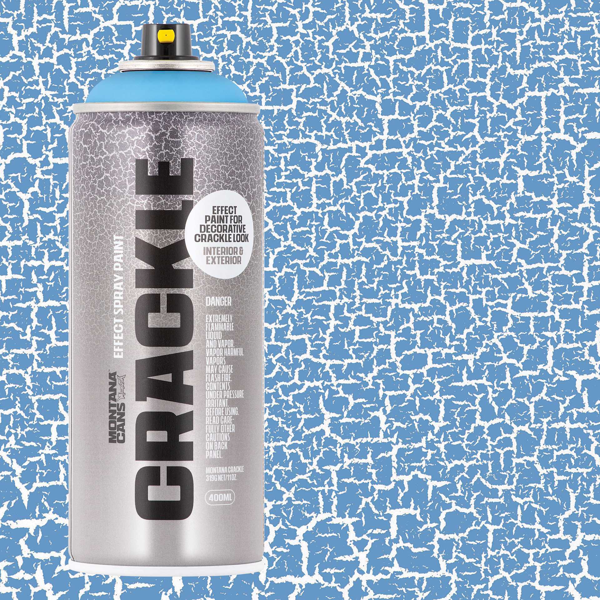 Montana Crackle Effect Spray - Blue Denim, can and swatch
