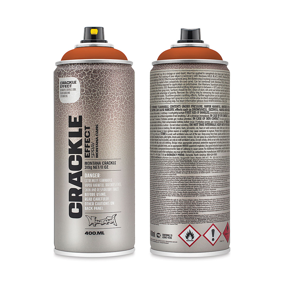 Montana Crackle Effect Spray - Copper Brown, 11 oz (Front and back of spray can)