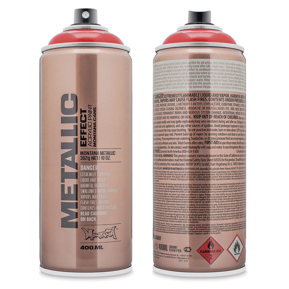 Montana Metallic Effect Spray Paint - Red (Front and back of spray can)
