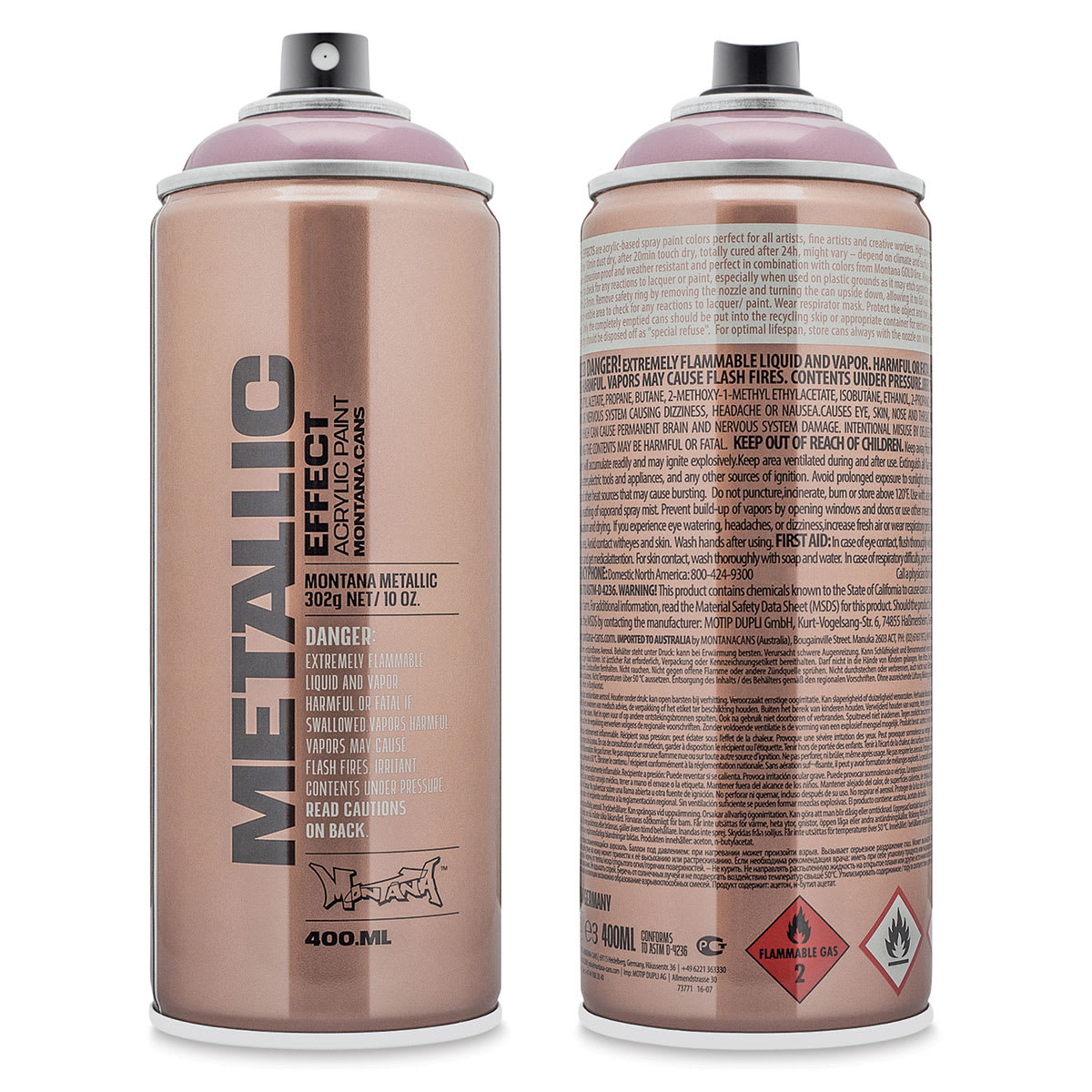 Montana Metallic Effect Spray Paint - Rosé (Front and back of spray can)