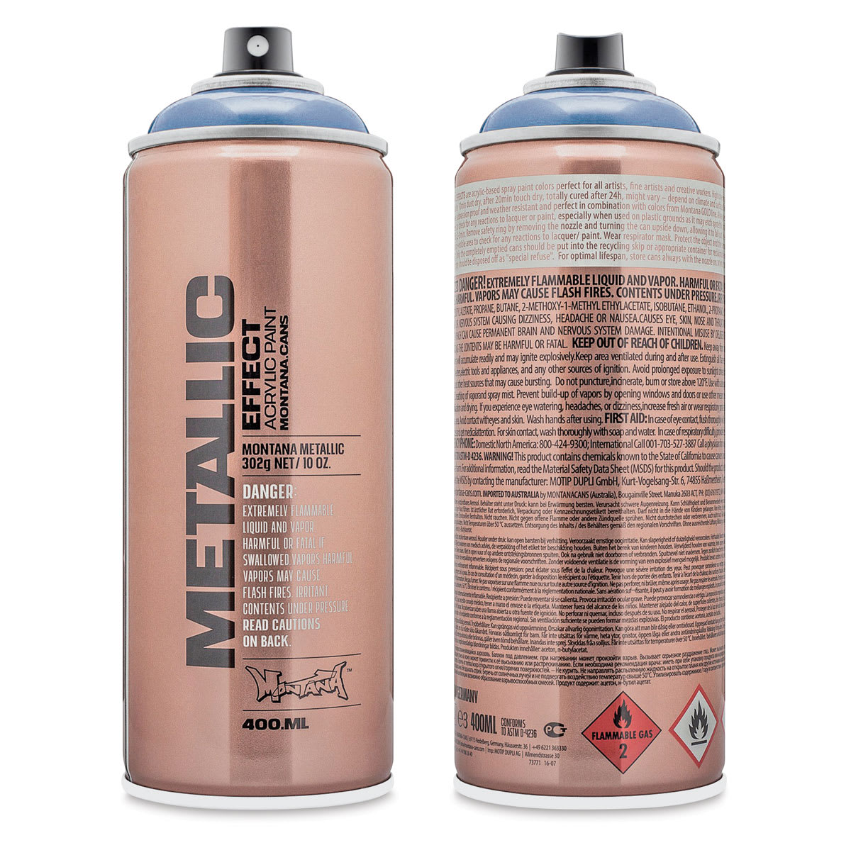 Montana Metallic Effect Spray Paint - Ice Blue (Front and back of spray can)