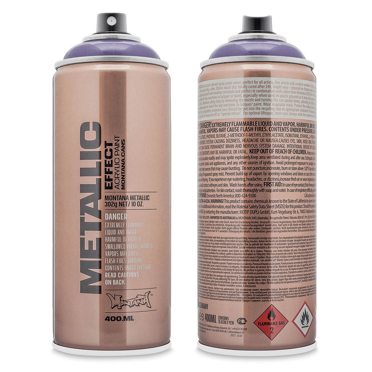 Montana Metallic Effect Spray Paint - Plum (Front and back of spray can)