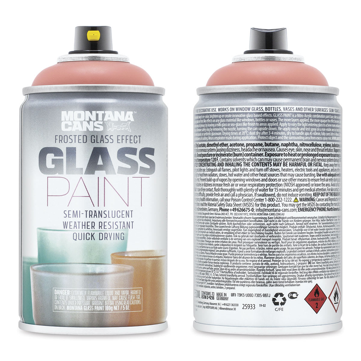 Montana Glass Spray Paint - Coral Red (Front and back of spray can)