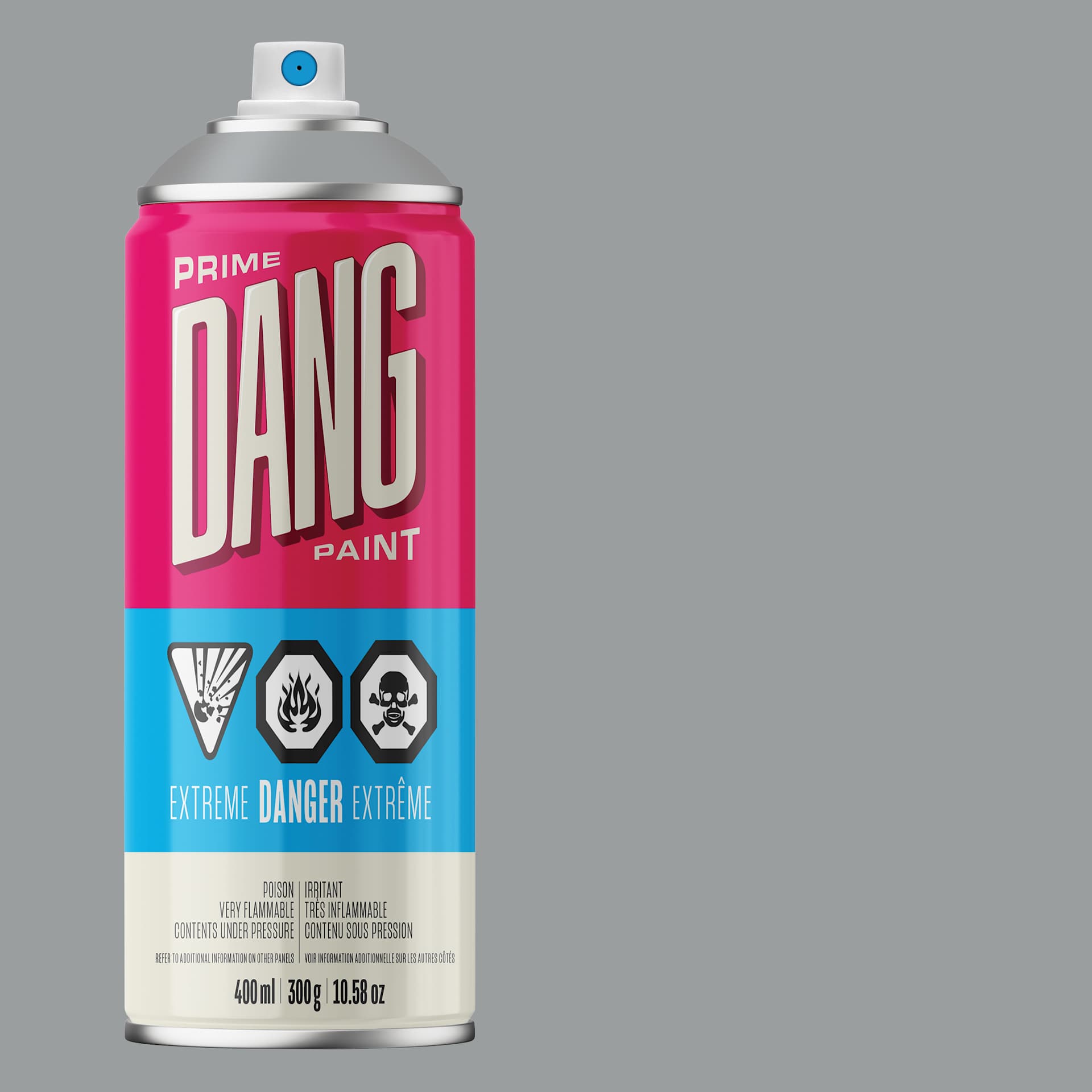 Dang Prime Spray Paint - Koala Grey, 400 ml can and swatch