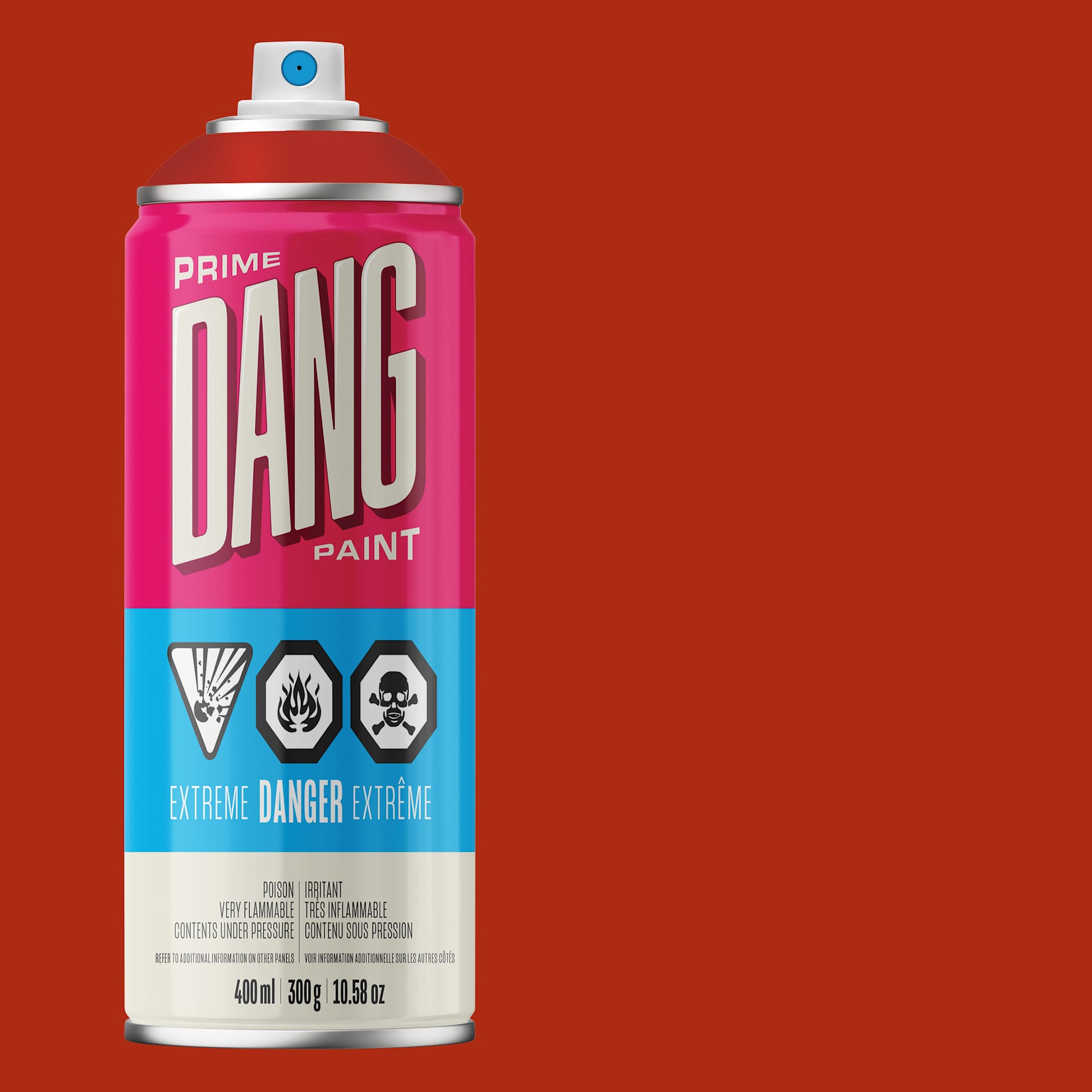Dang Prime Spray Paint - Tomato Red, 400 ml can and swatch