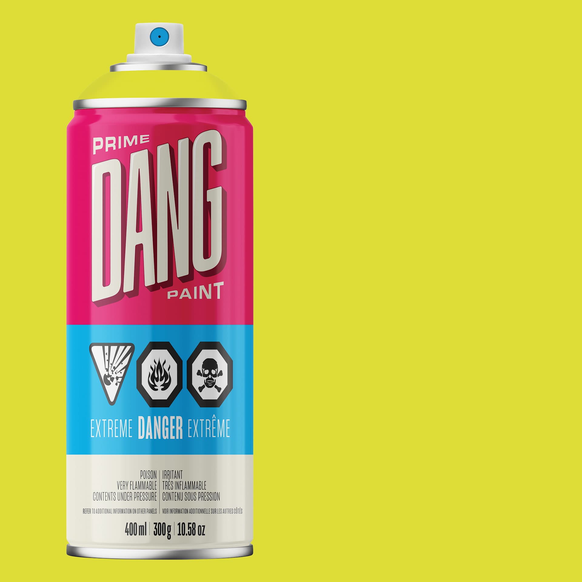 Dang Prime Spray Paint - Acid Yellow, 400 ml can and swatch
