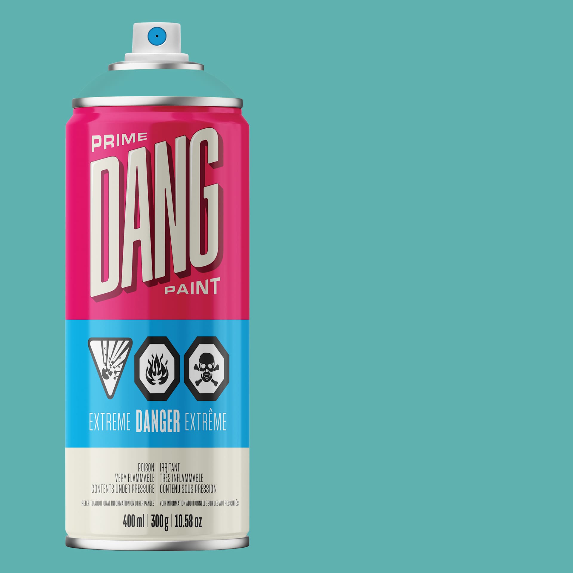 Dang Prime Spray Paint - Aqua, 400 ml can and swatch