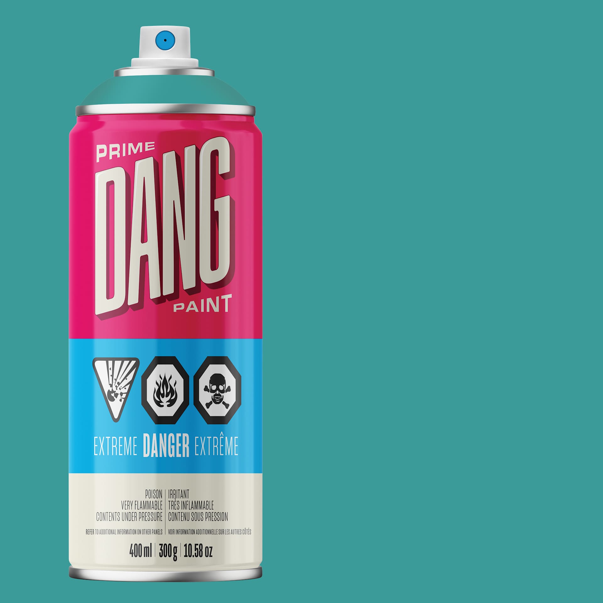 Dang Prime Spray Paint - Teal, 400 ml can and swatch