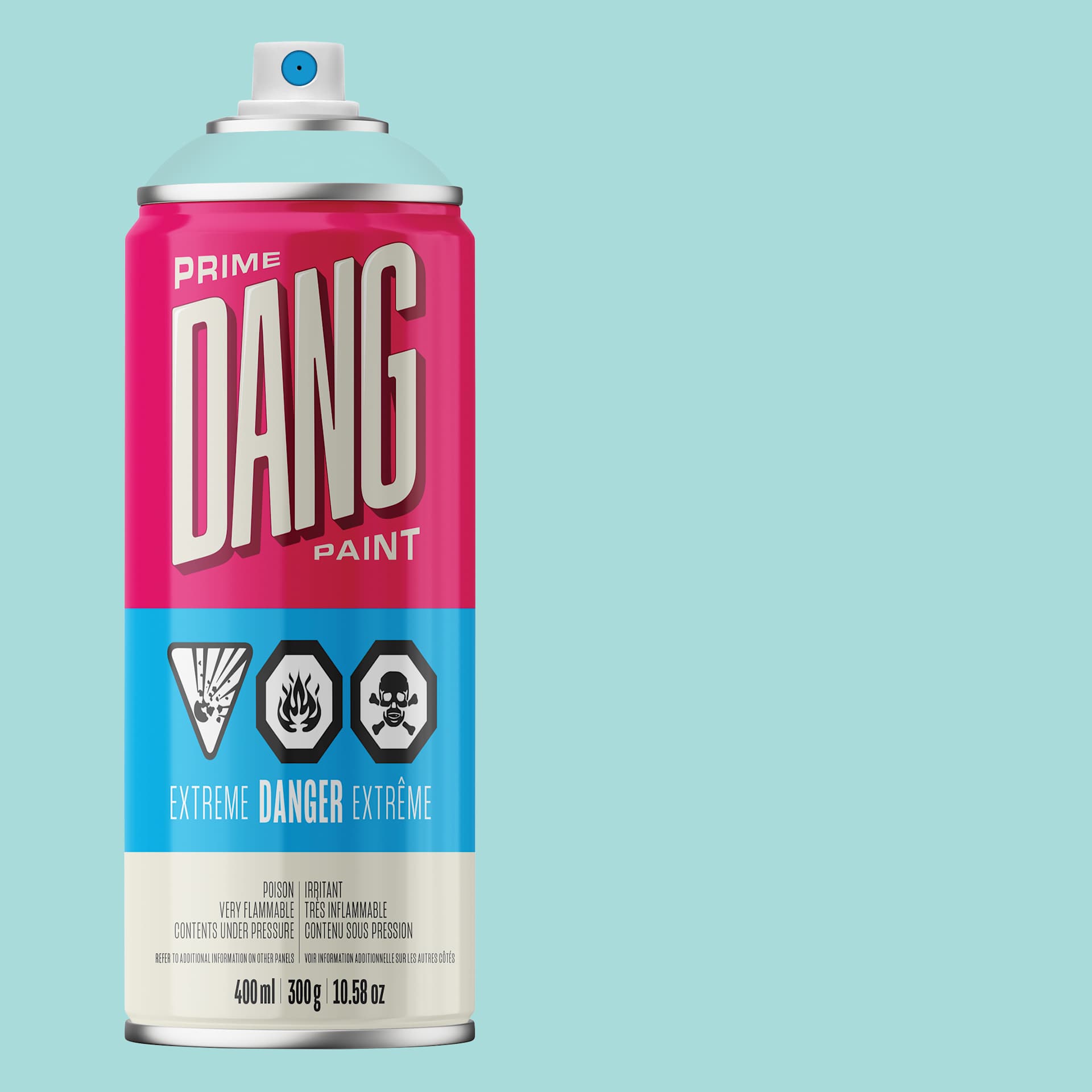 Dang Prime Spray Paint - Bright Blue, 400 ml can and swatch