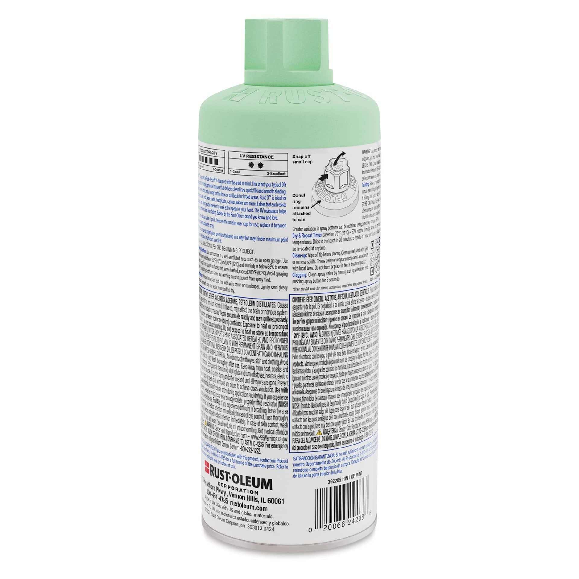 Rust-Oleum Rust-O Artist Acrylic Spray Paint - Hint Of Mint, 11 oz, back of can