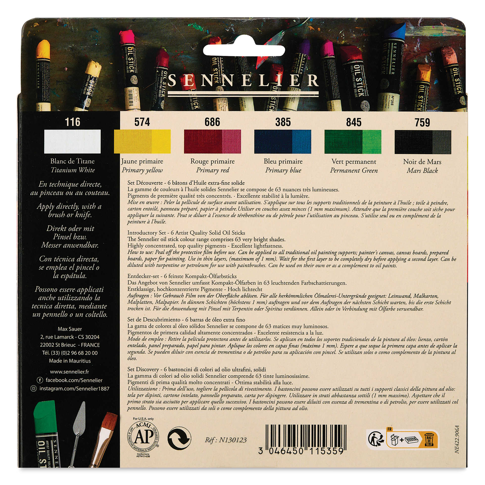 Sennelier Artists' Oil Sticks - Set of 6, Assorted - back of box