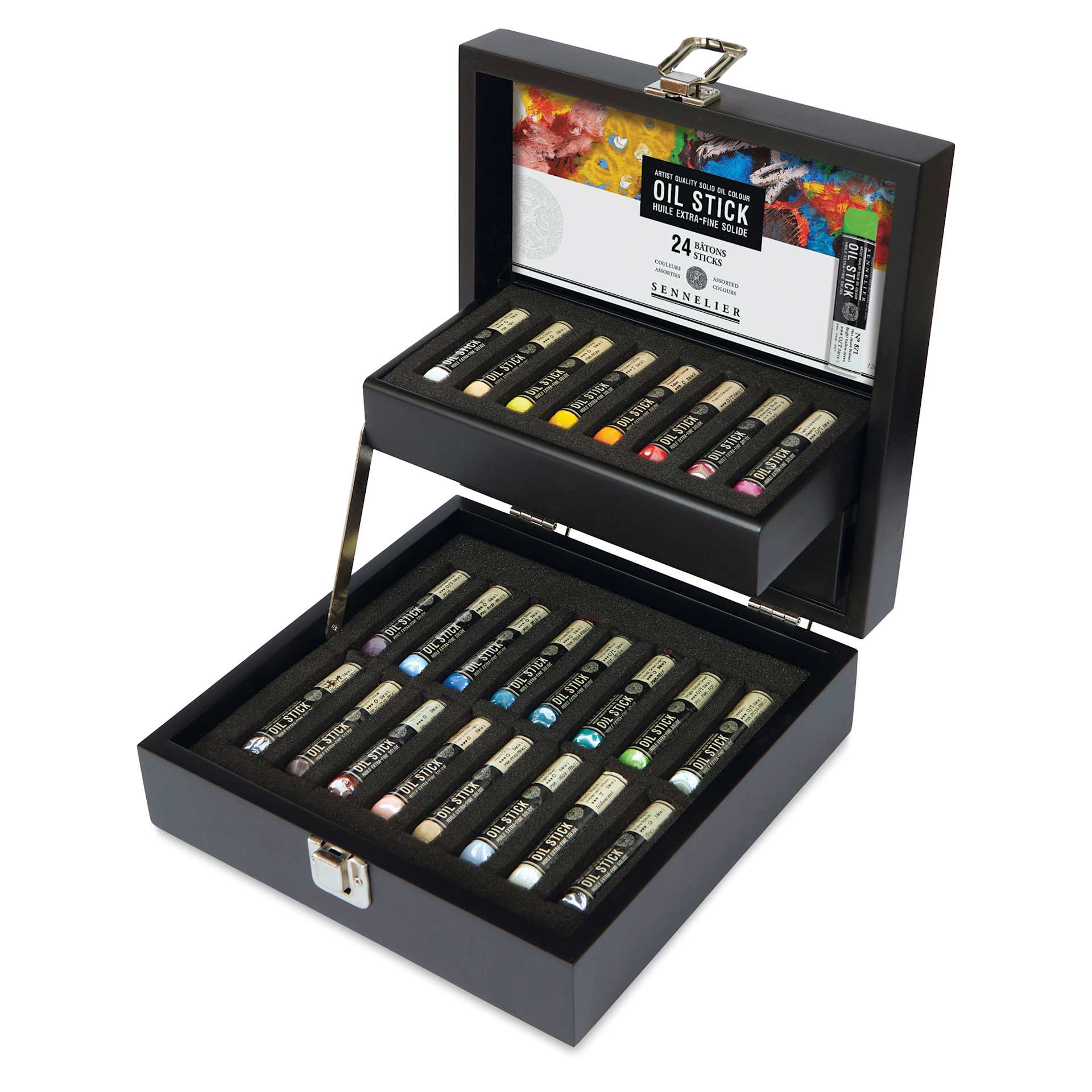 Sennelier Artists' Oil Sticks - Set of 24, Assorted Colors, Wood Box open with tray lifted