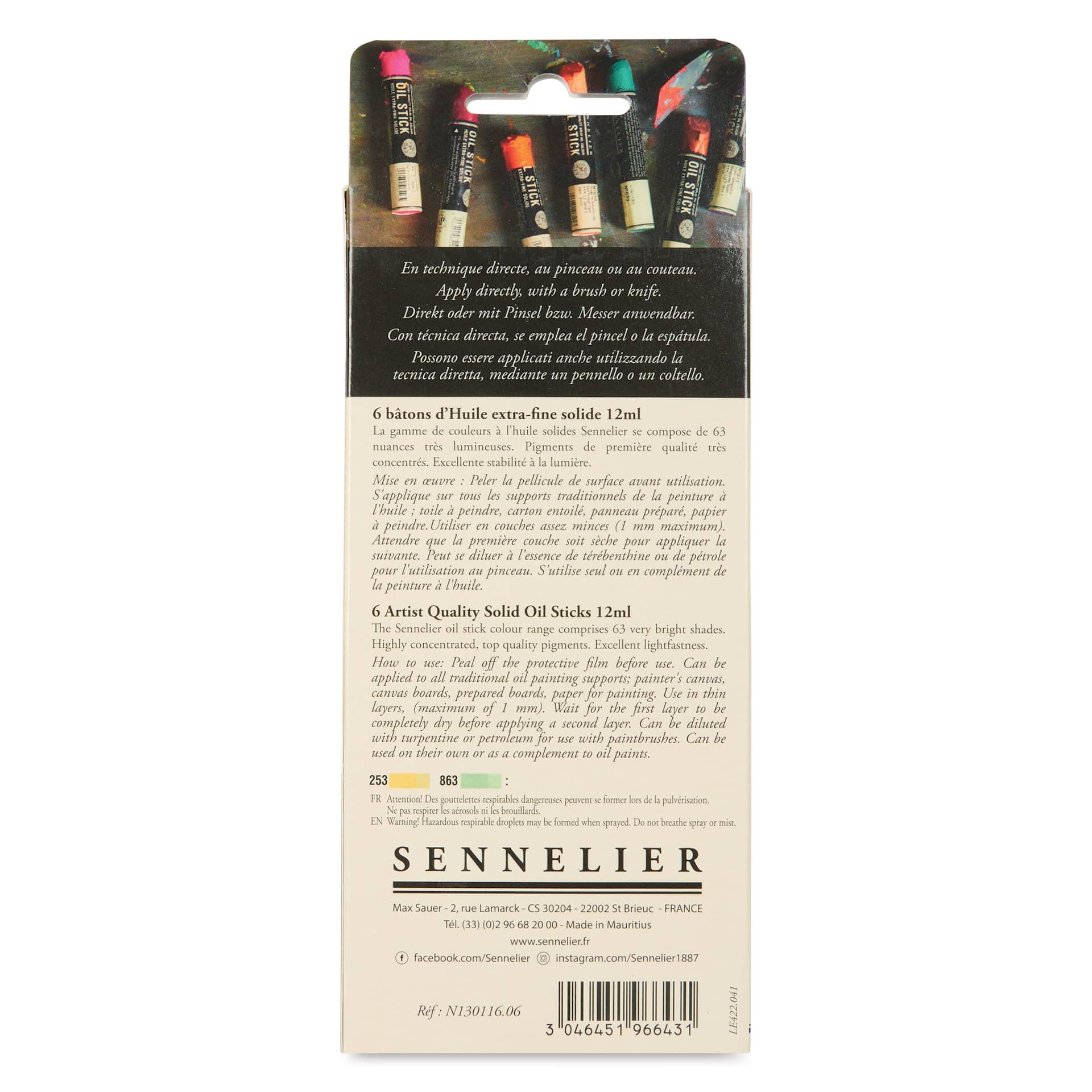 Sennelier Artists' Oil Sticks - Set of 6, Tabby Cat Colors back of package