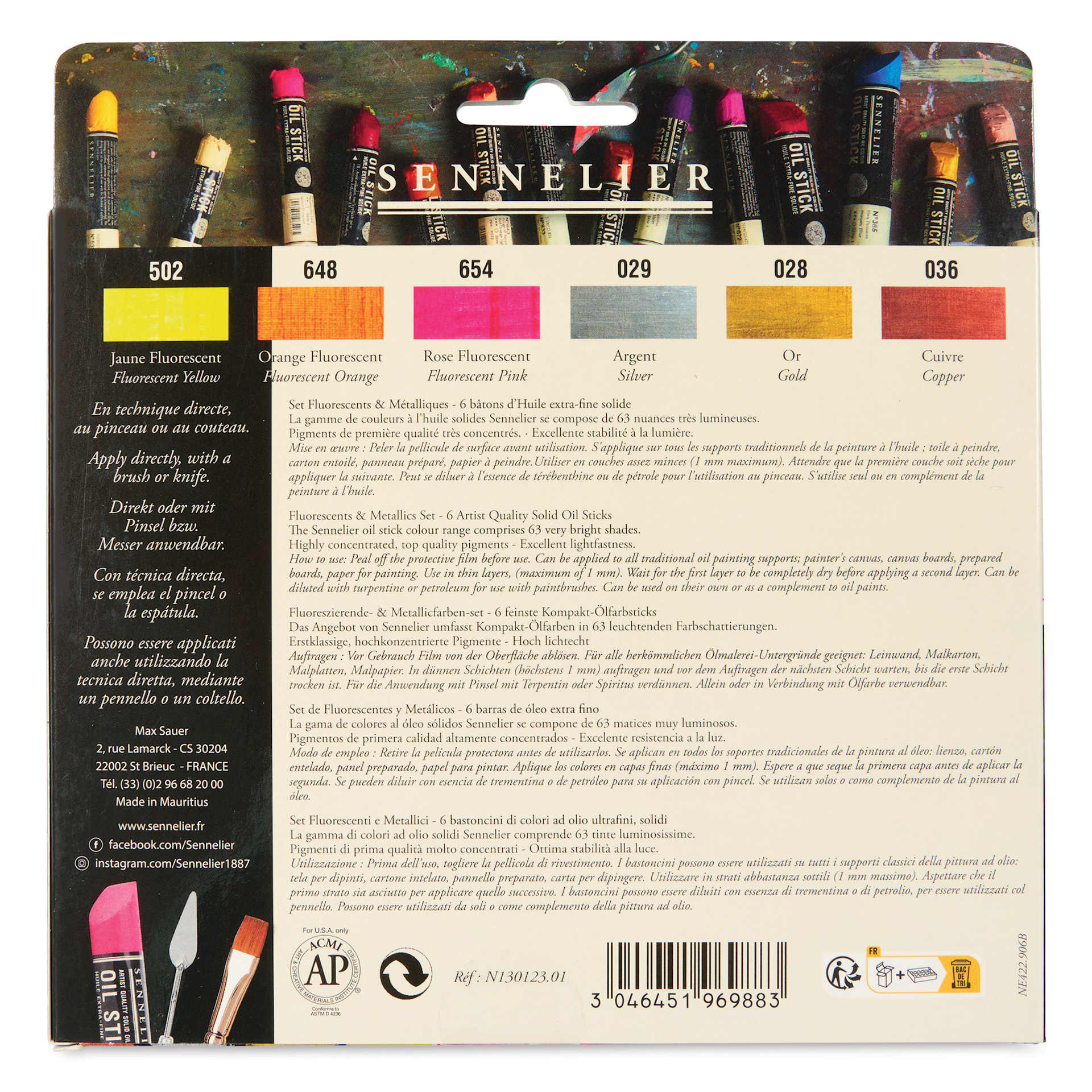 Sennelier Artists' Oil Sticks - Set of 6, Fluorescent and Metallic Colors back of package