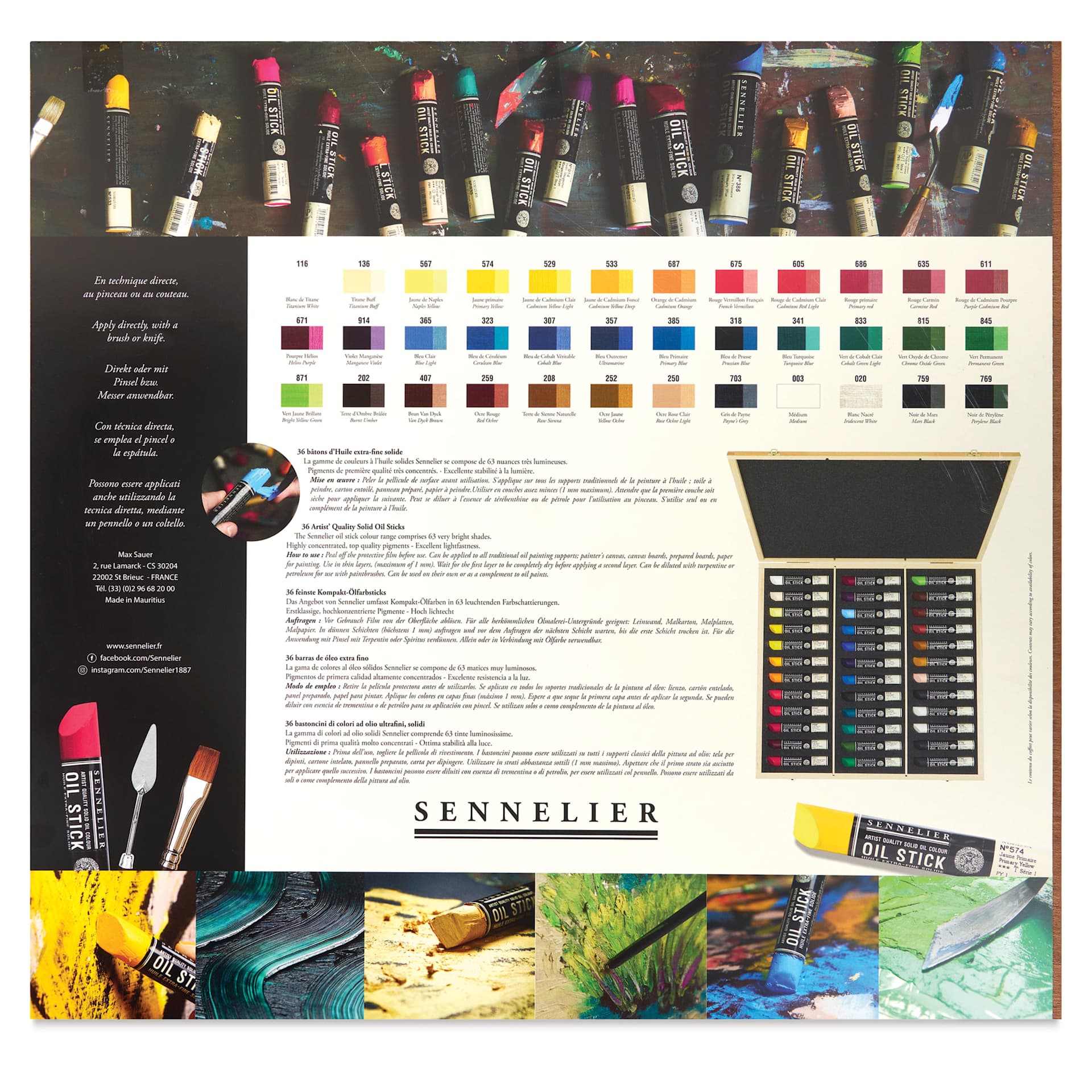 Sennelier Artists' Oil Sticks - Set of 36, Luxe Wood Box, Assorted Colors back of package