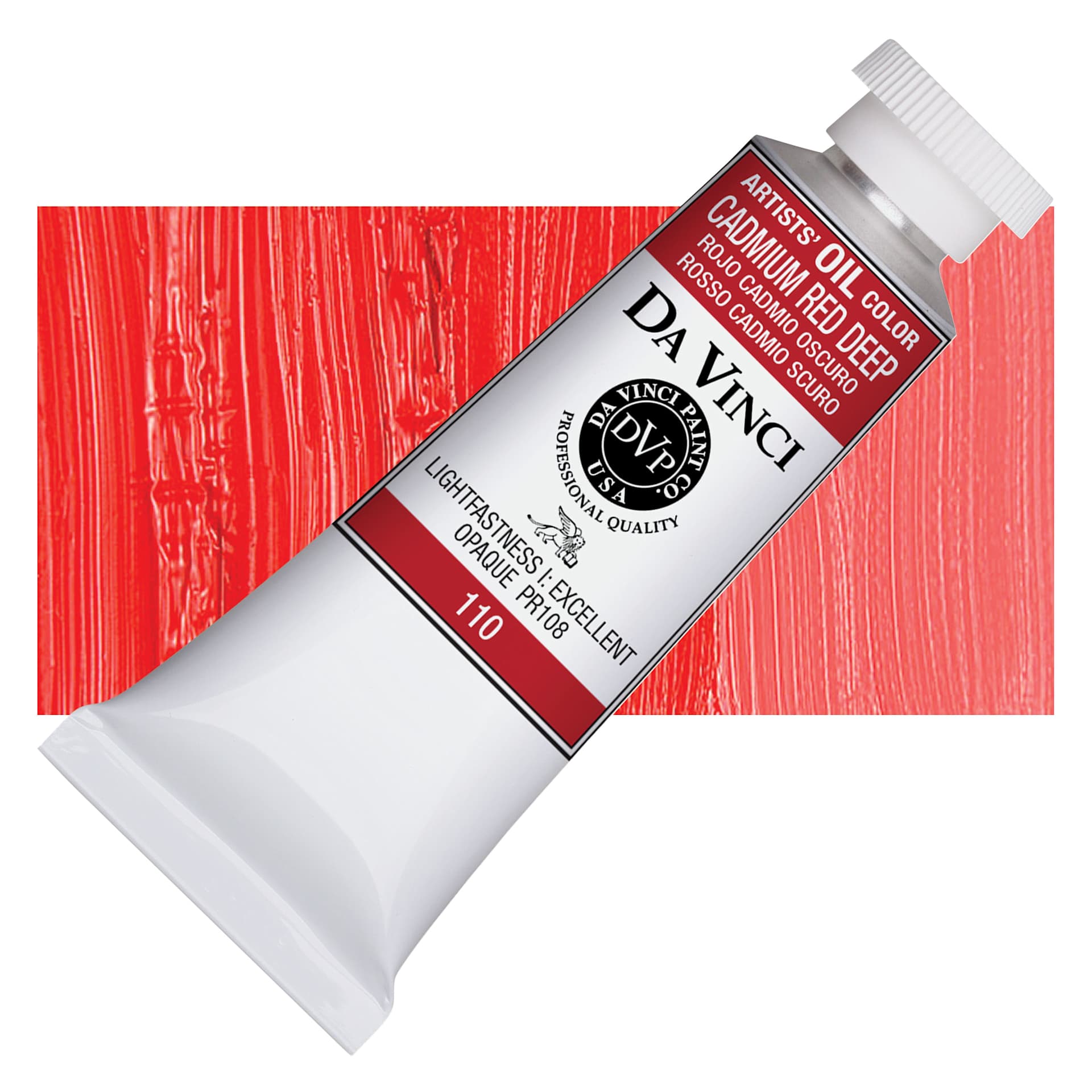 Da Vinci Artists' Oil Color - Cadmium Red Deep, 37 ml Tube and swatch