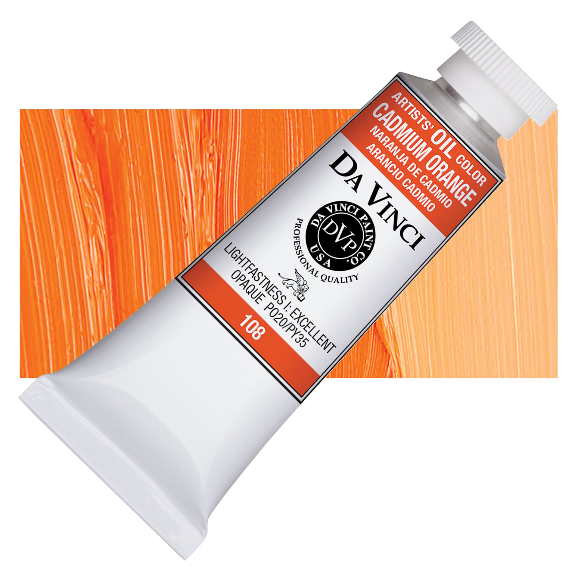 Da Vinci Artists' Oil Color - Cadmium Orange, 37 ml Tube and swatch