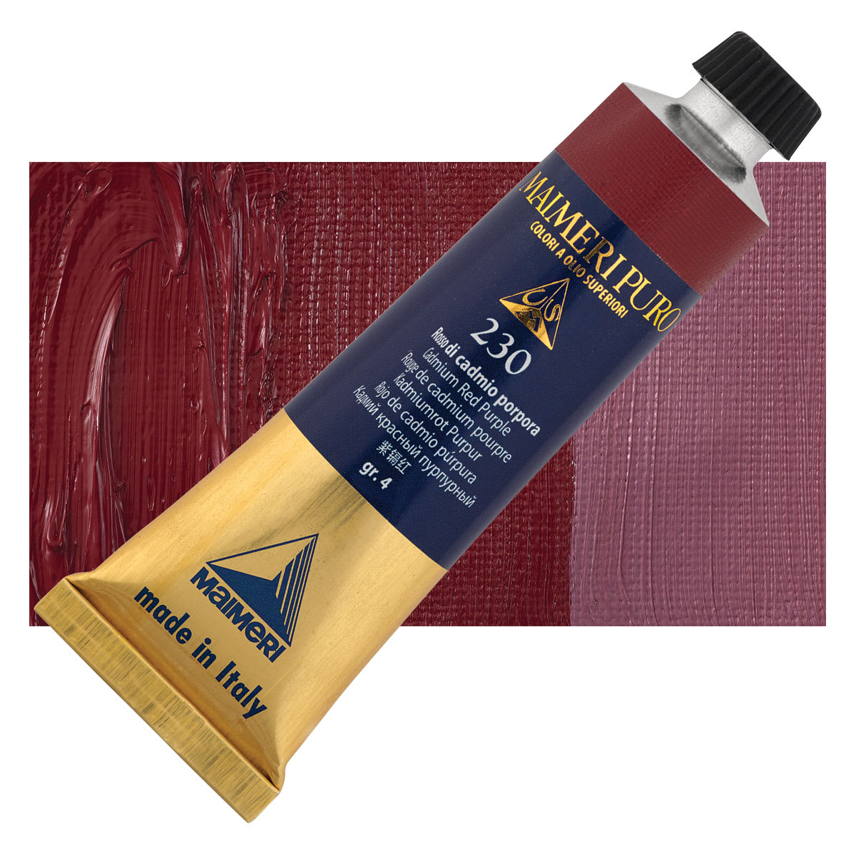 Maimeri Puro Oil Color - Cadmium Red Purple, 40 ml Tube and swatch