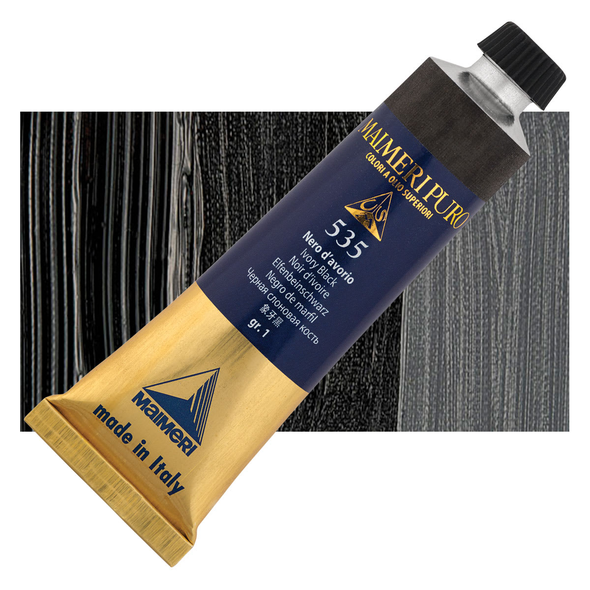 Maimeri Puro Oil Color - Ivory Black, 40 ml tube and swatch