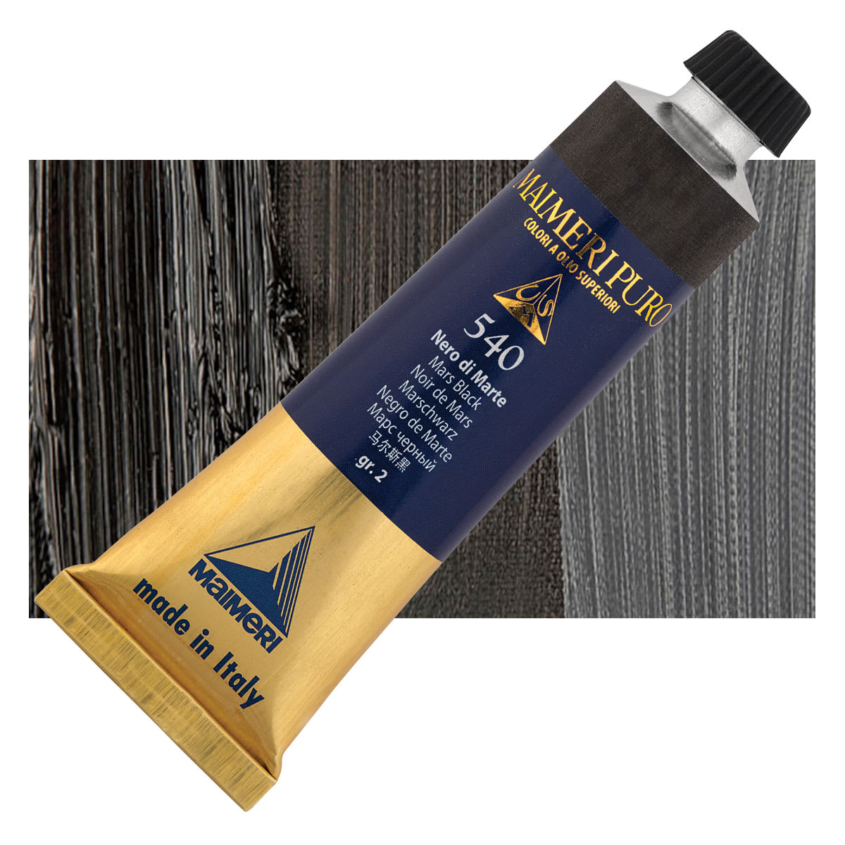 Maimeri Puro Oil Color - Mars Black, 40 ml tube and swatch