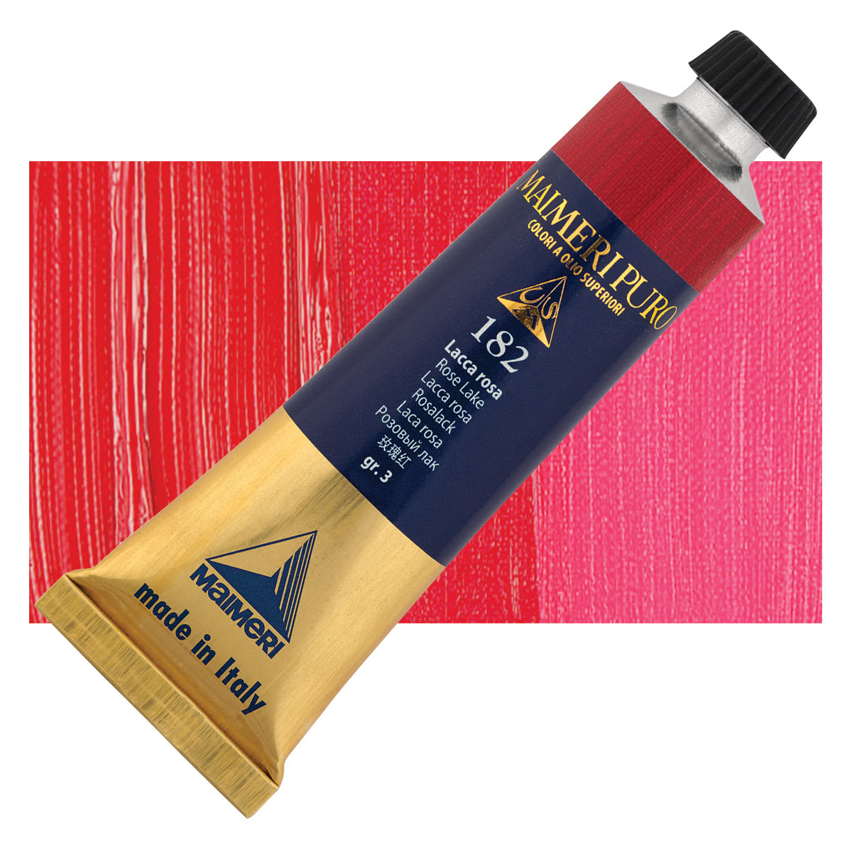 Maimeri Puro Oil Color - Rose Lake, 40 ml tube and swatch