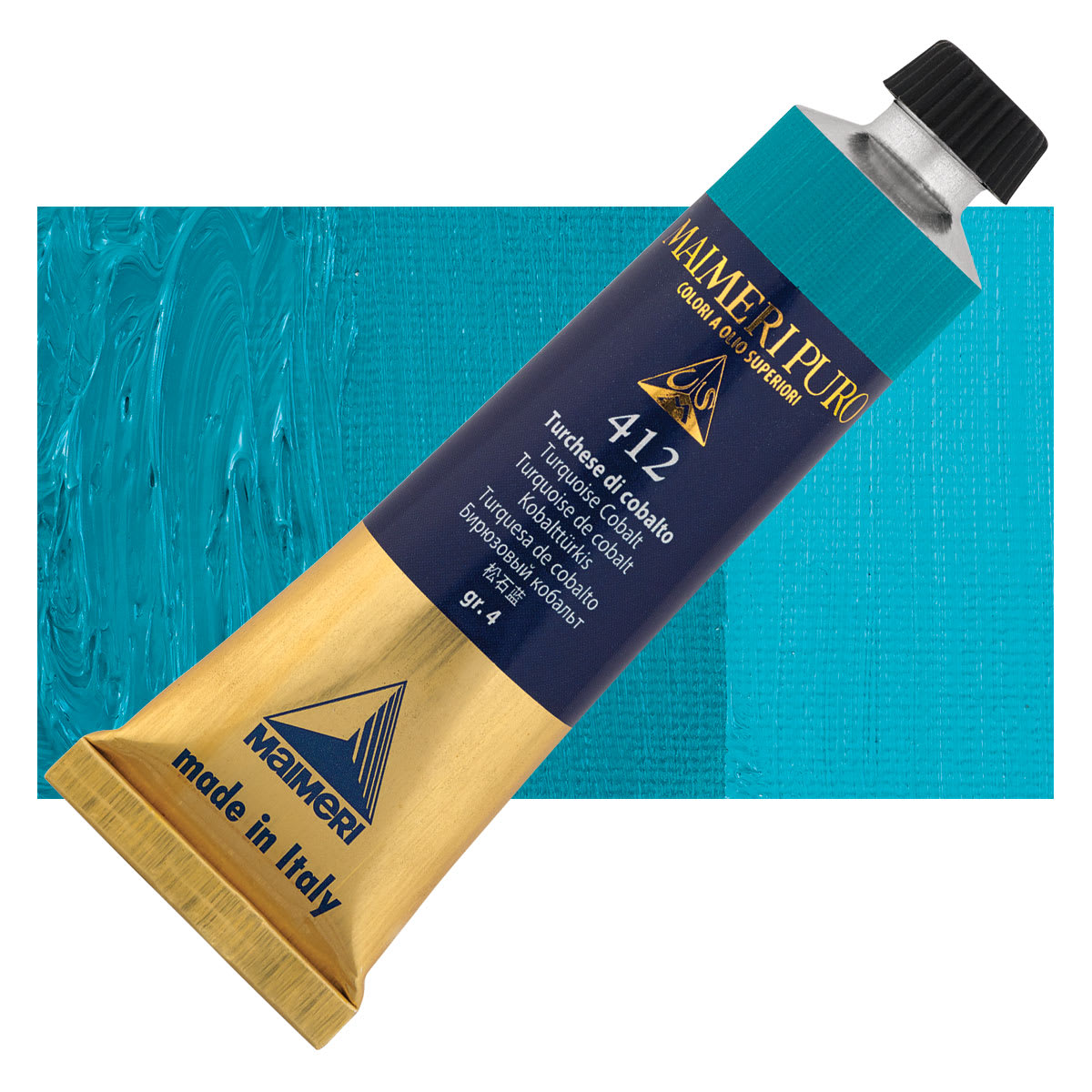 Maimeri Puro Oil Color - Turquoise Cobalt, 40 ml Tube and swatch
