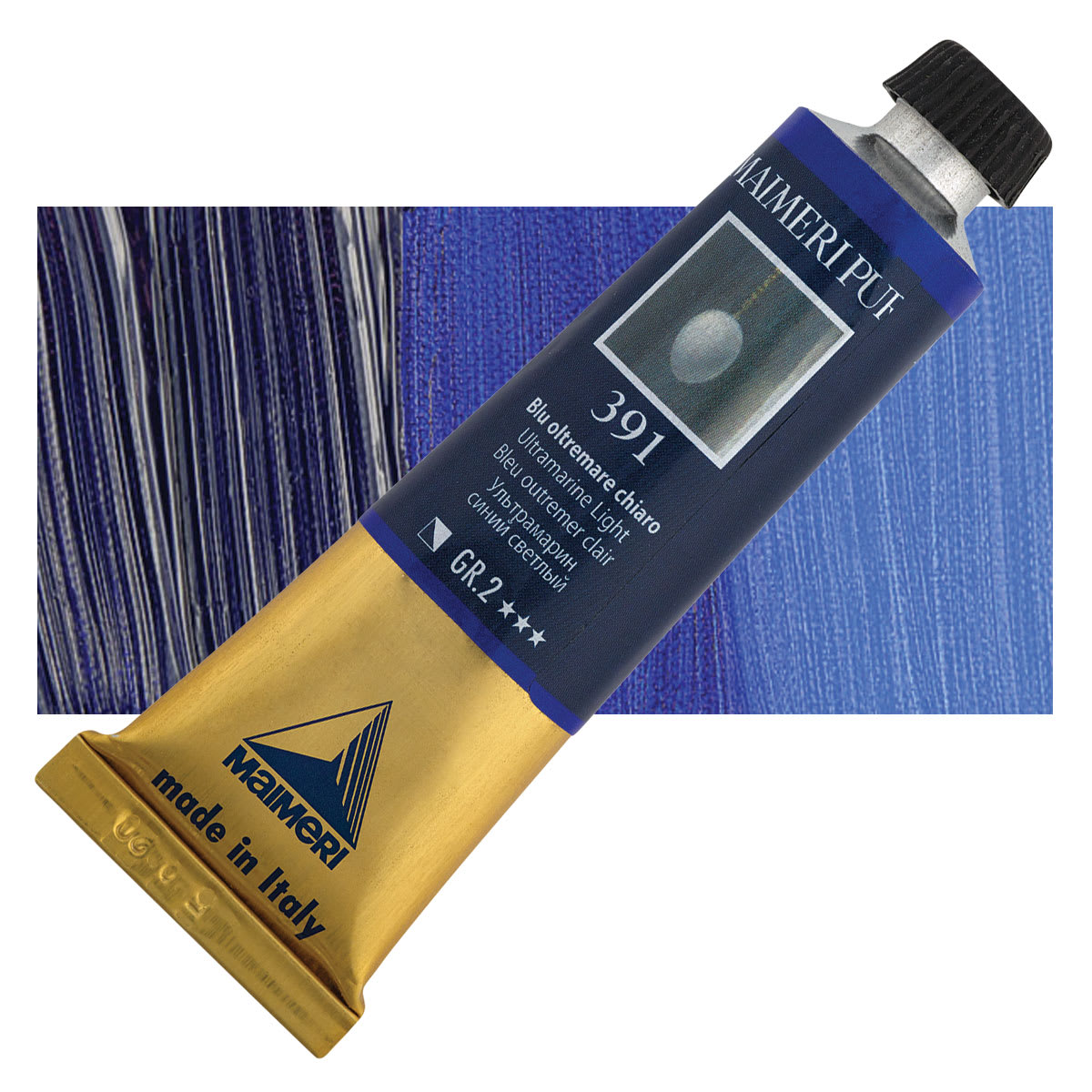 Maimeri Puro Oil Color - Ultramarine Light, 40 ml tube and swatch