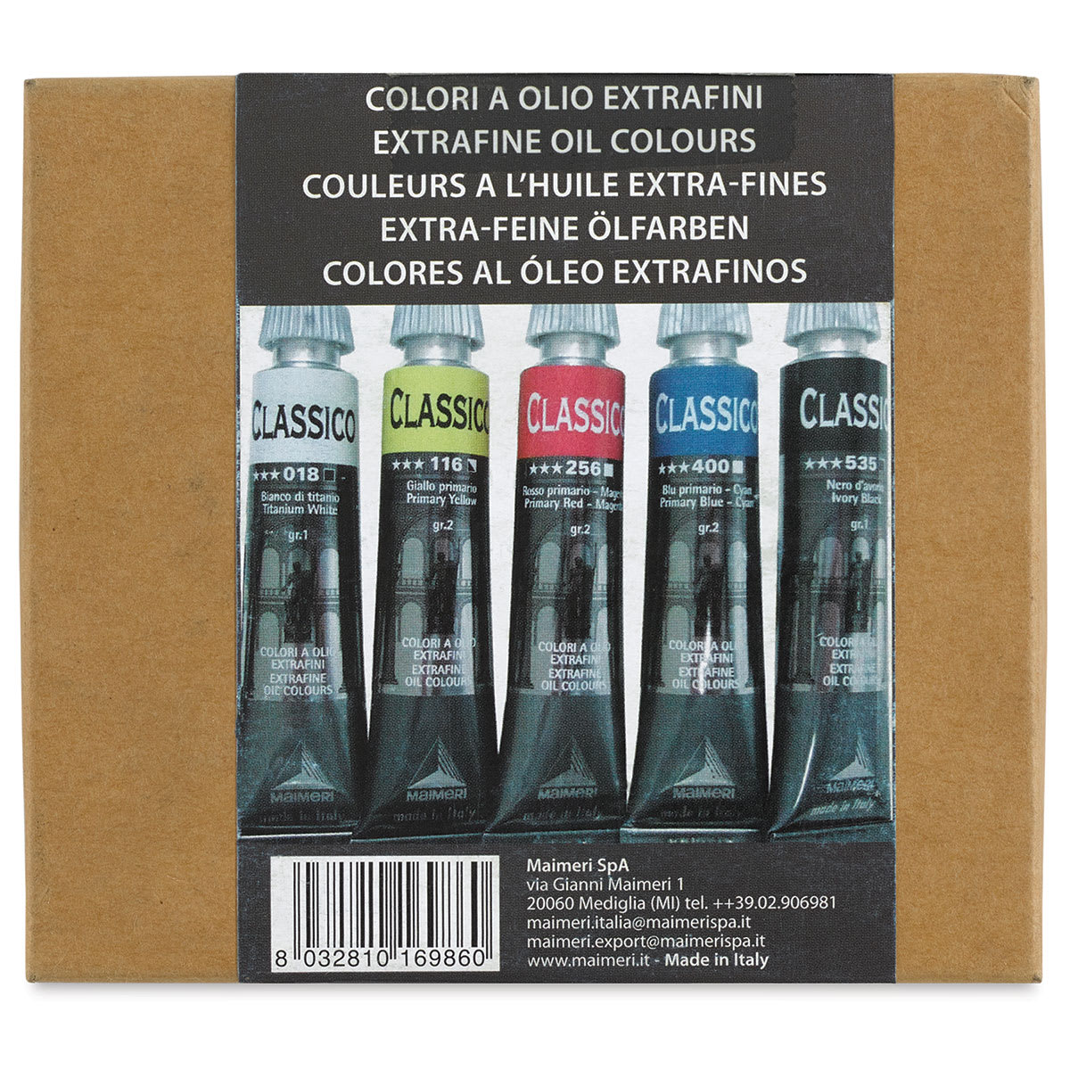 Maimeri Classico Oil Colors - Back of package of Set of 5 Primary Colors