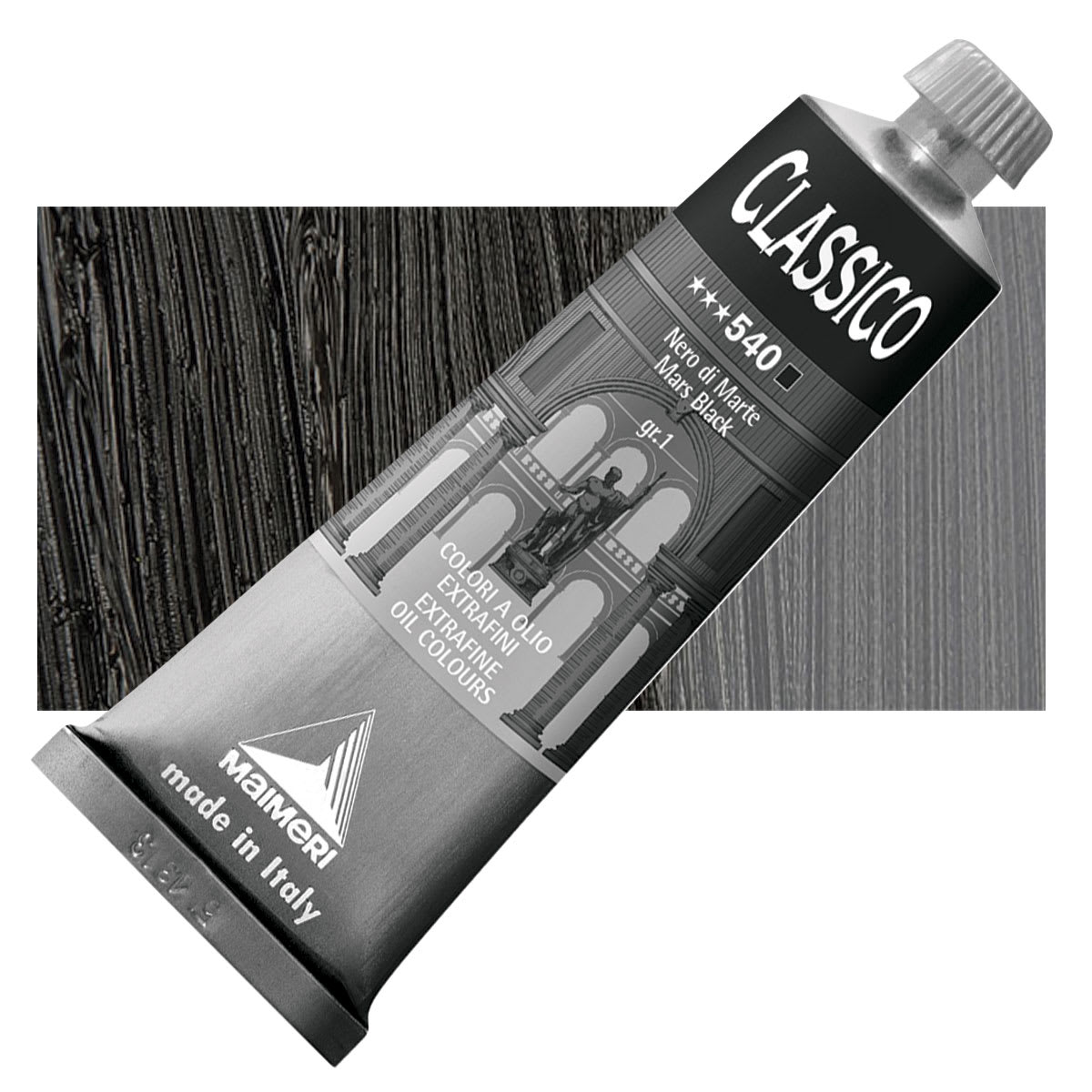 Maimeri Classico Oil Color - Mars Black, 60 ml tube and swatch
