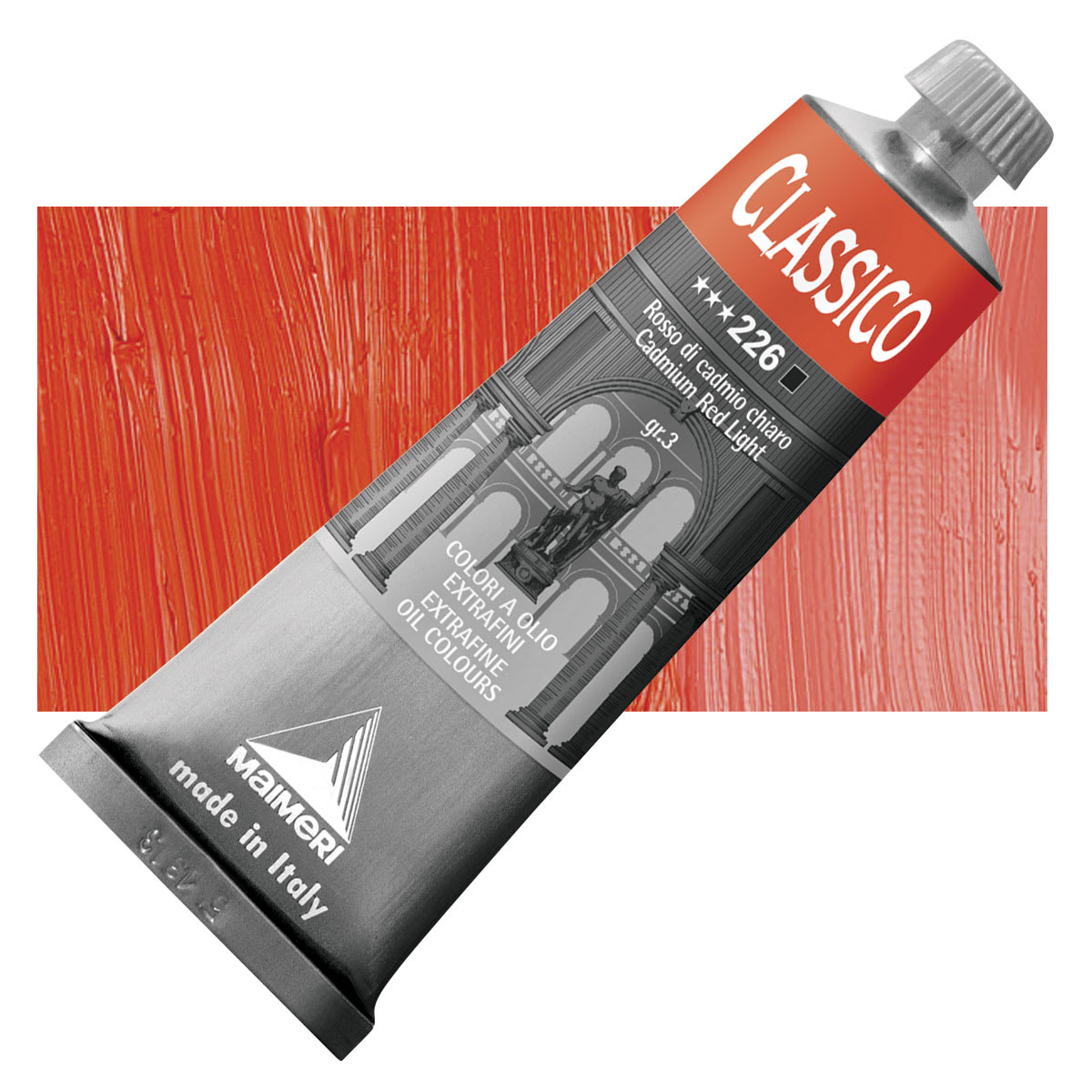 Maimeri Classico Oil Color - Cadmium Red Light, 60 ml tube and swatch