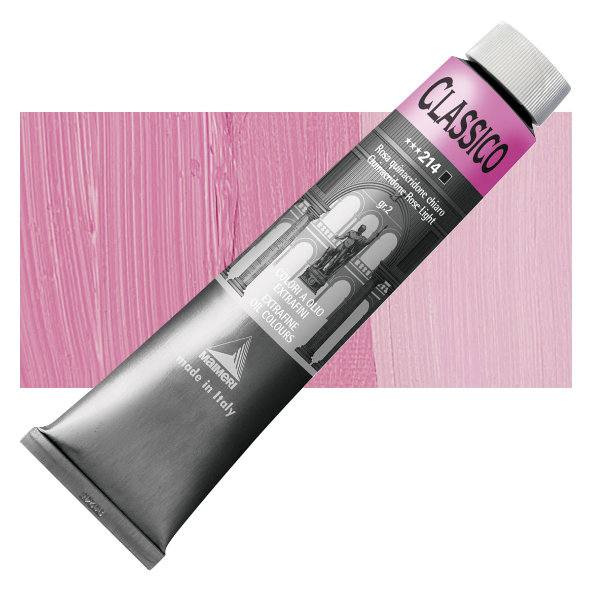 Maimeri Classico Oil Color - Quinacridone Rose Light, 200 ml tube and swatch