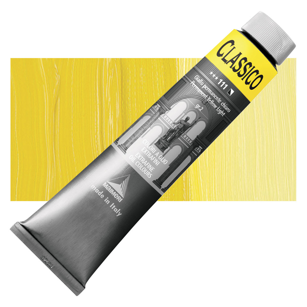 Maimeri Classico Oil Color - Permanent Yellow Light, 200 ml tube and swatch