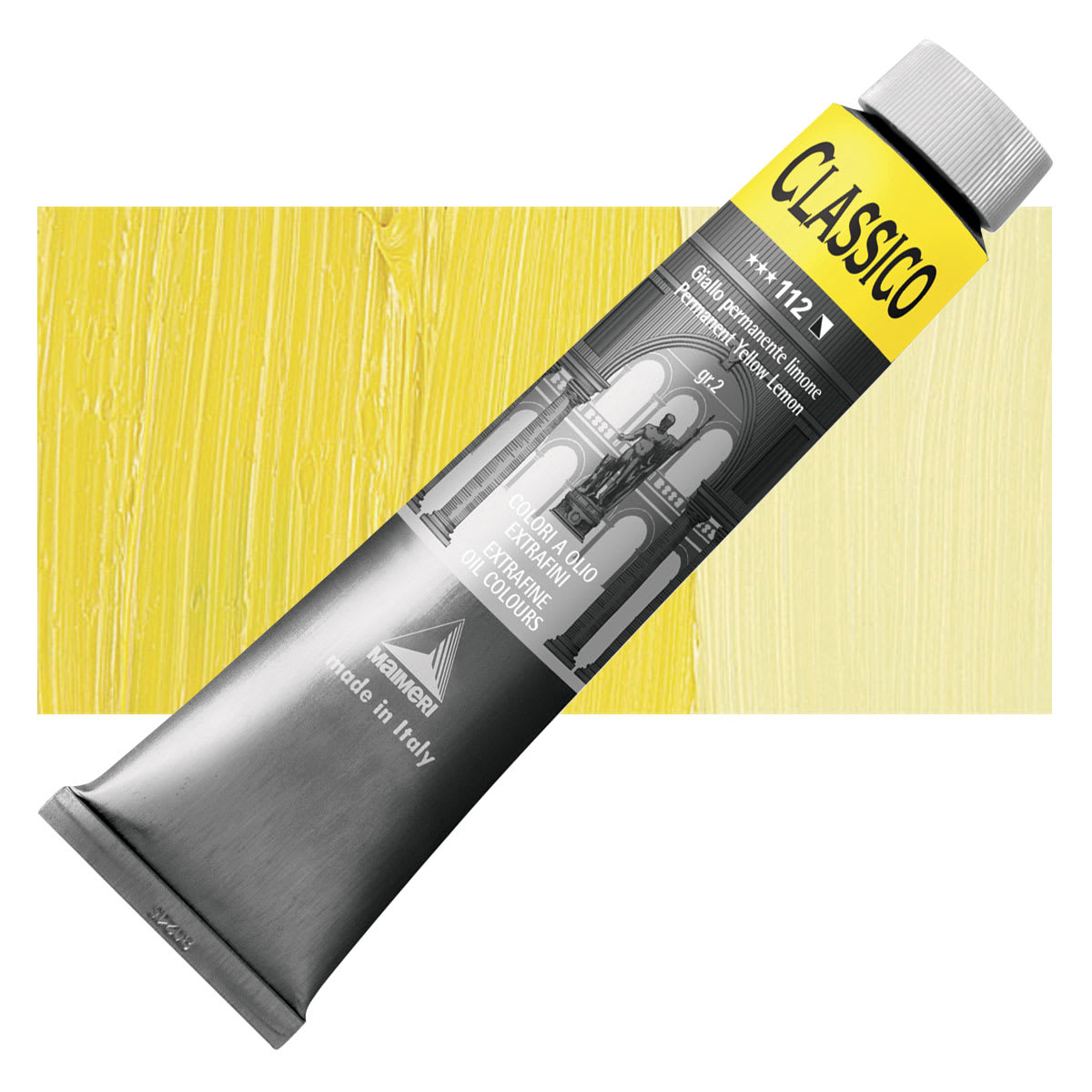 Maimeri Classico Oil Color - Permanent Yellow Lemon, 200 ml tube and swatch
