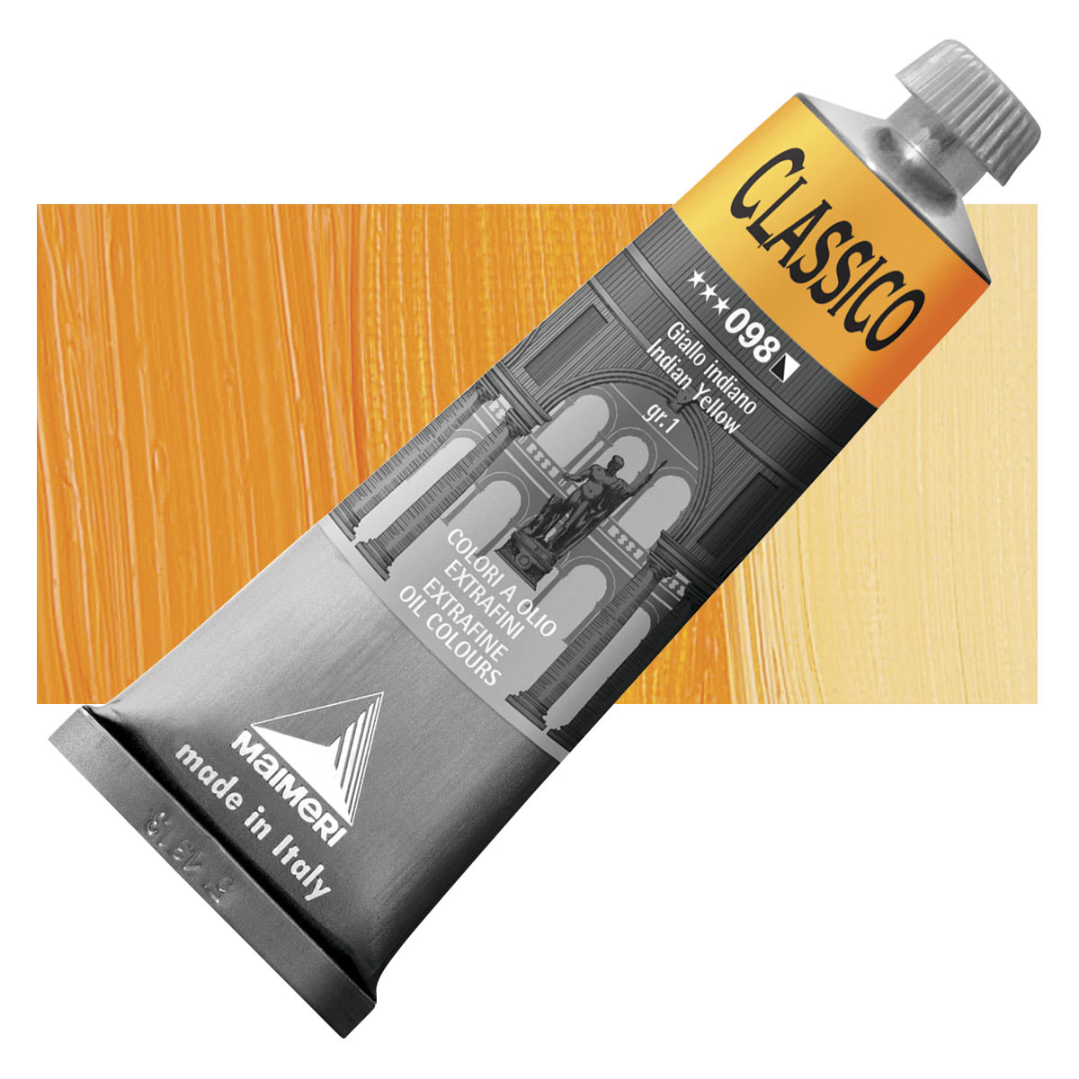 Maimeri Classico Oil Color - Indian Yellow, 60 ml tube and swatch