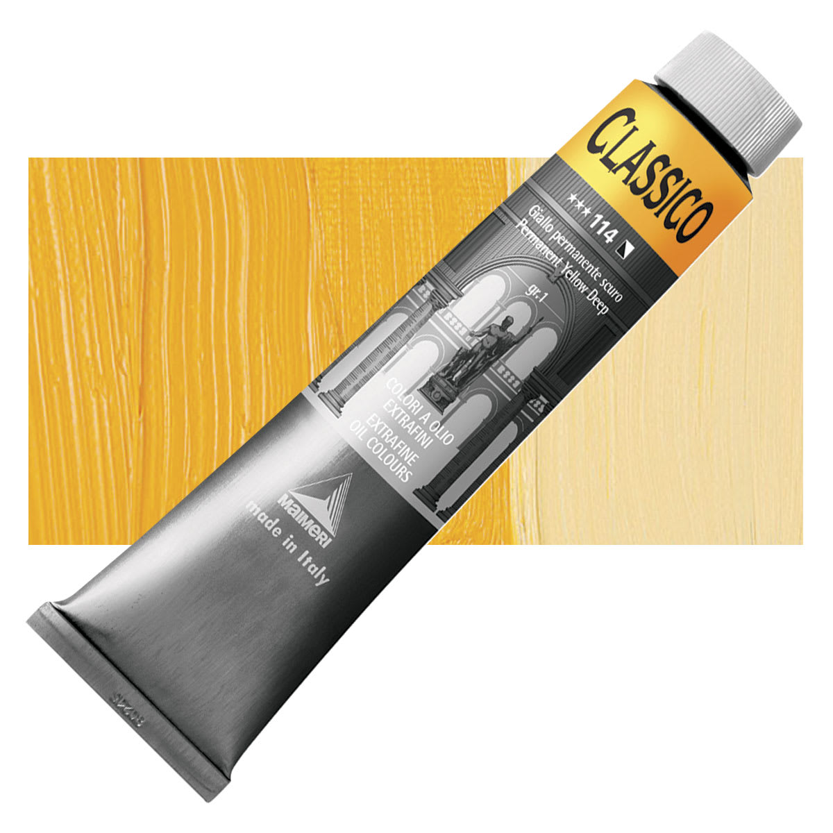 Maimeri Classico Oil Color - Permanent Yellow Deep, 200 ml tube and swatch