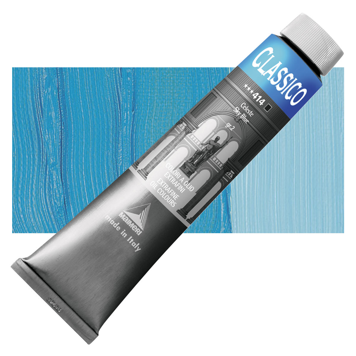 Maimeri Classico Oil Color - Sky Blue, 200 ml tube and swatch