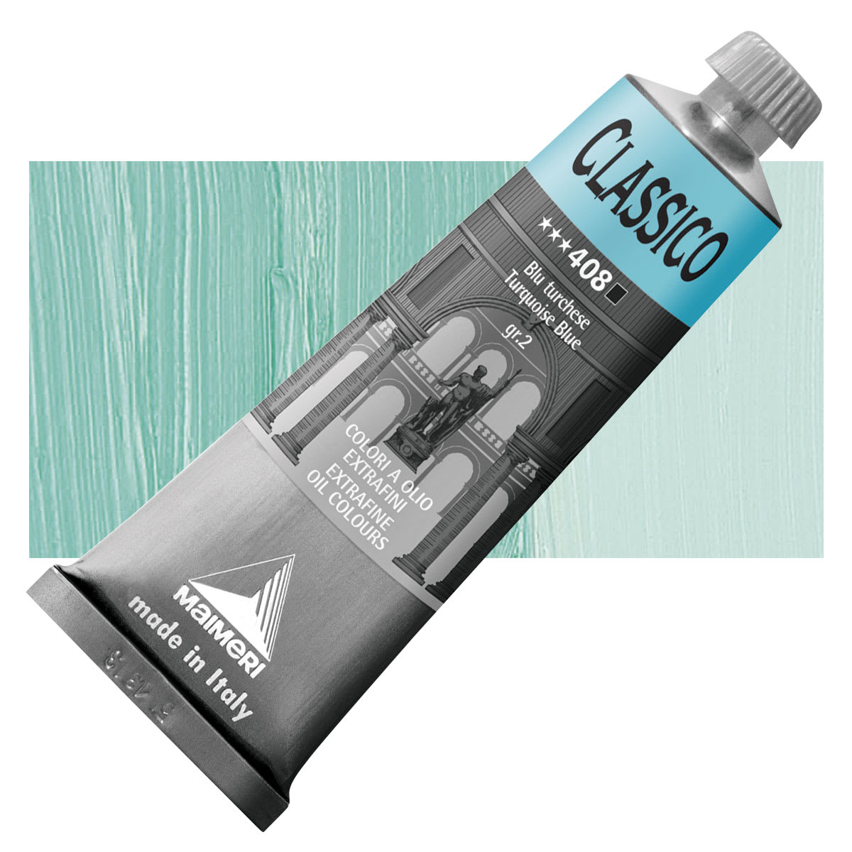 Maimeri Classico Oil Color - Turquoise Blue, 60 ml tube and swatch