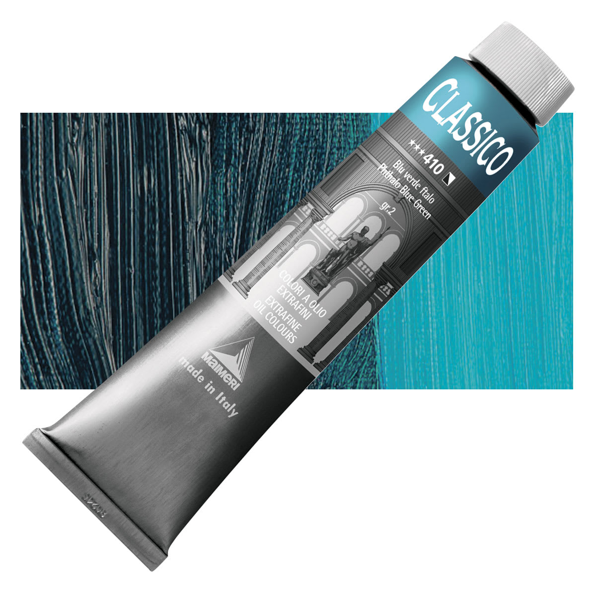 Maimeri Classico Oil Color - Phthalo Blue Green, 200 ml tube and swatch