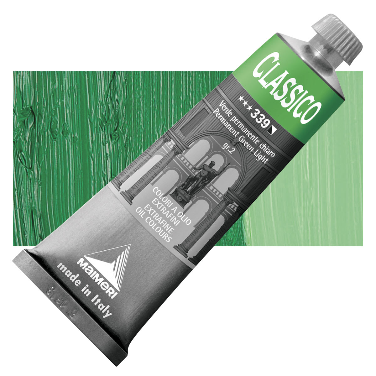 Maimeri Classico Oil Color - Permanent Green Light, 60 ml tube and swatch