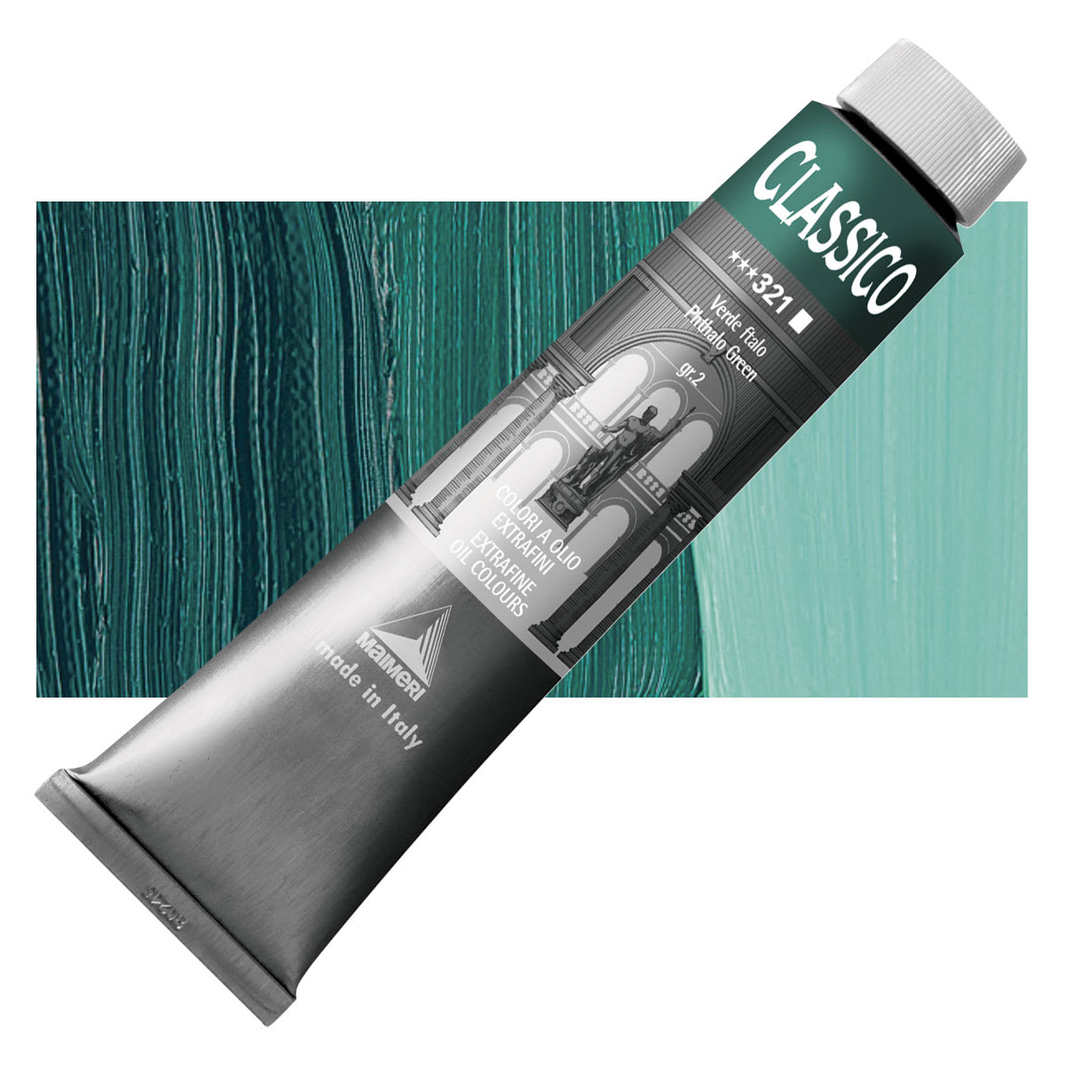 Maimeri Classico Oil Color - Phthalo Green, 200 ml tube and swatch