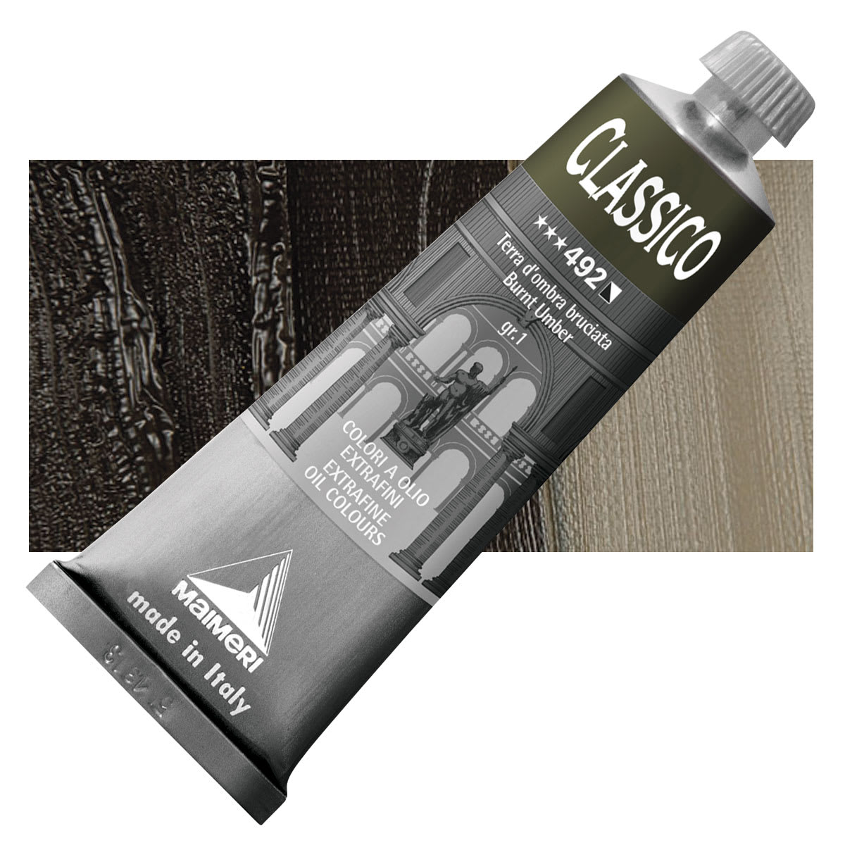 Maimeri Classico Oil Color - Burnt Umber, 60 ml tube and swatch
