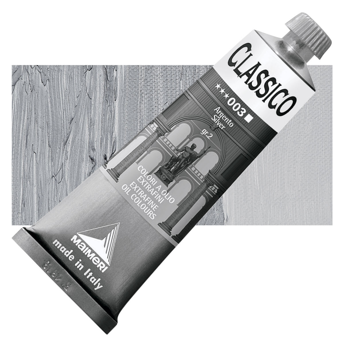 Maimeri Classico Oil Color - Silver, 60 ml tube and swatch