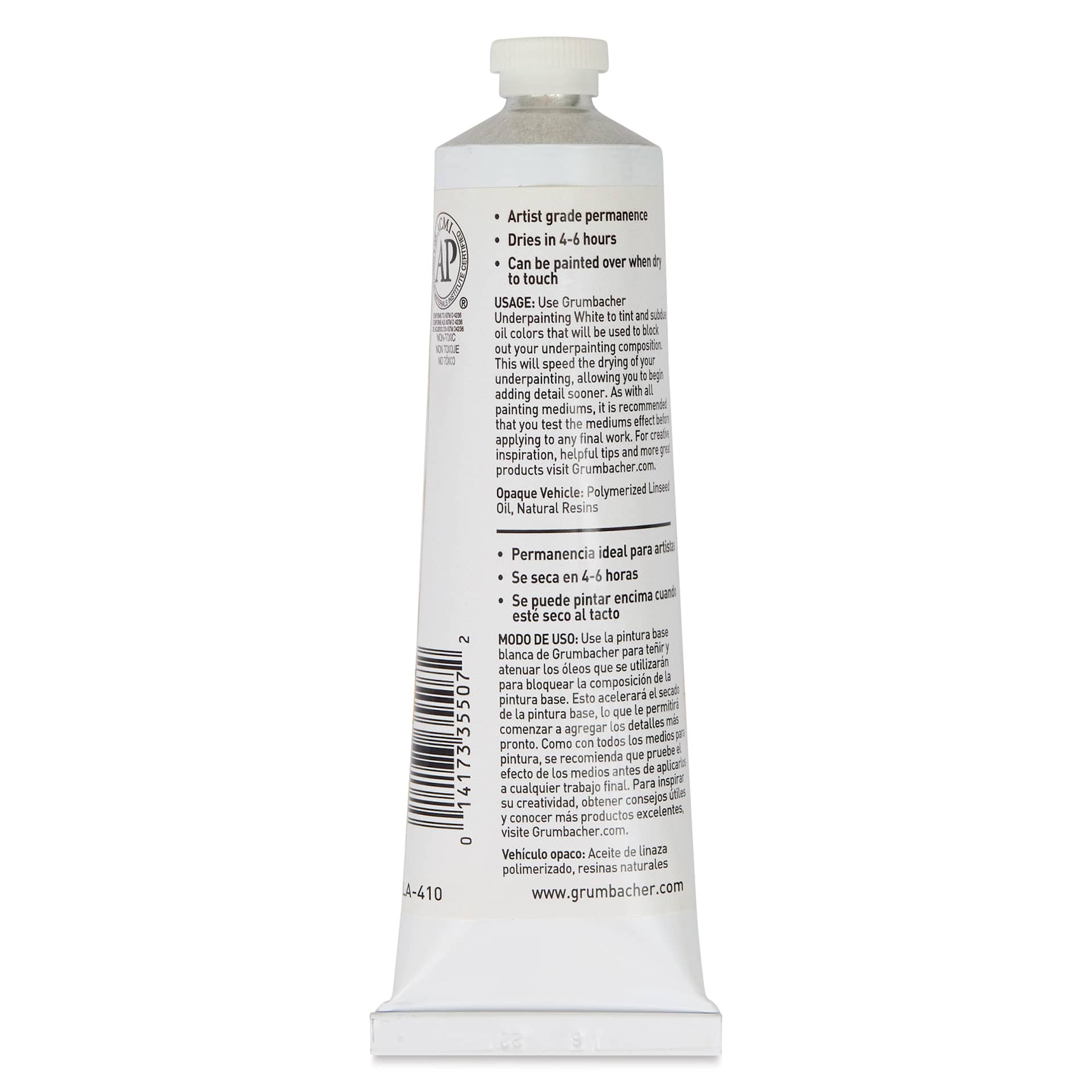 Grumbacher MG Underpainting White - White, 5 oz (back of tube)