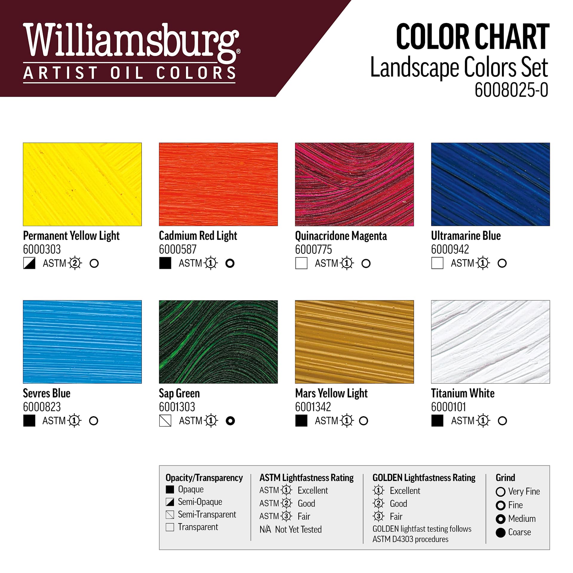 Williamsburg Handmade Oil Paints - Set of 8, Landscape, 22 ml Tubes, swatches