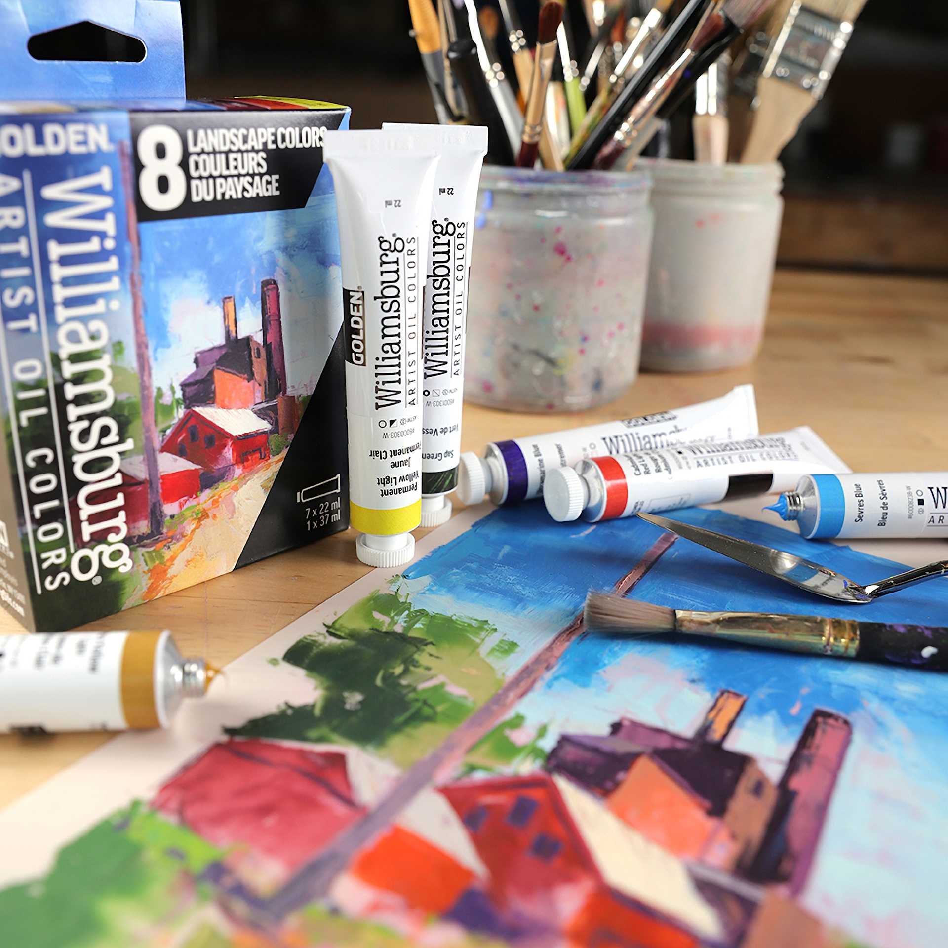 Williamsburg Handmade Oil Paints - Set of 8, Landscape, 22 ml Tubes, contents on desk