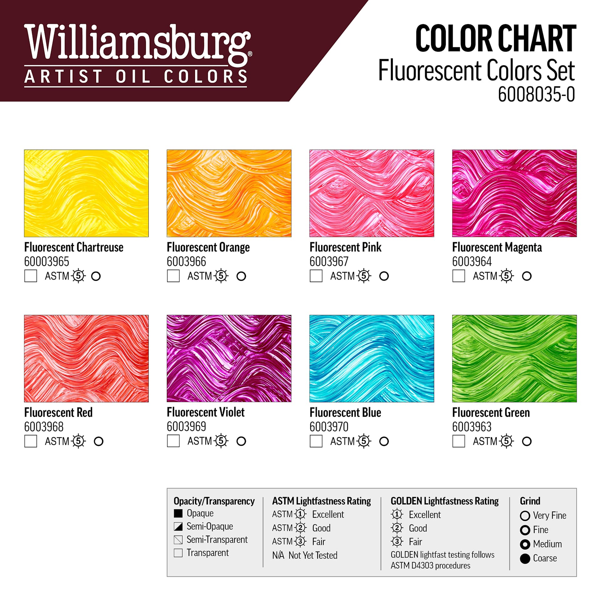 Williamsburg Handmade Oil Paints - Set of 8, Fluorescent, 22 ml Tubes, swatches