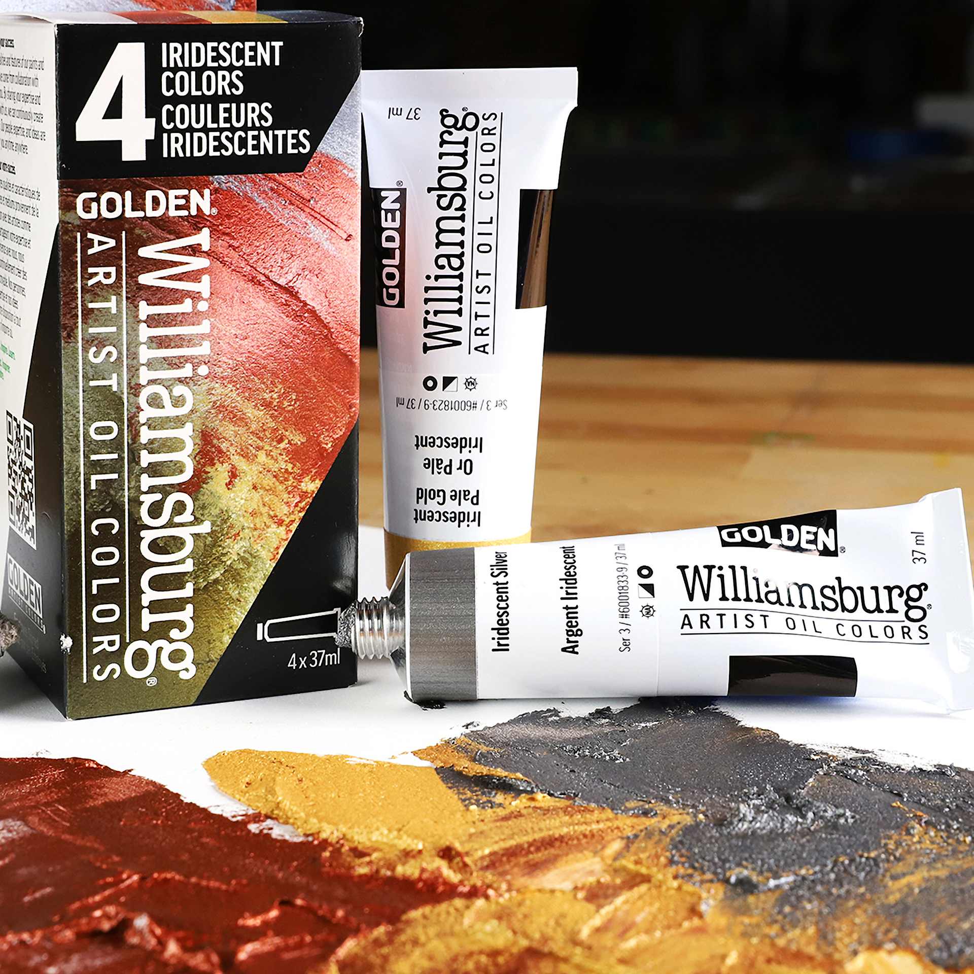 Williamsburg Handmade Oil Paints - Set of 4, Iridescent, 37 ml Tubes, contents on desk